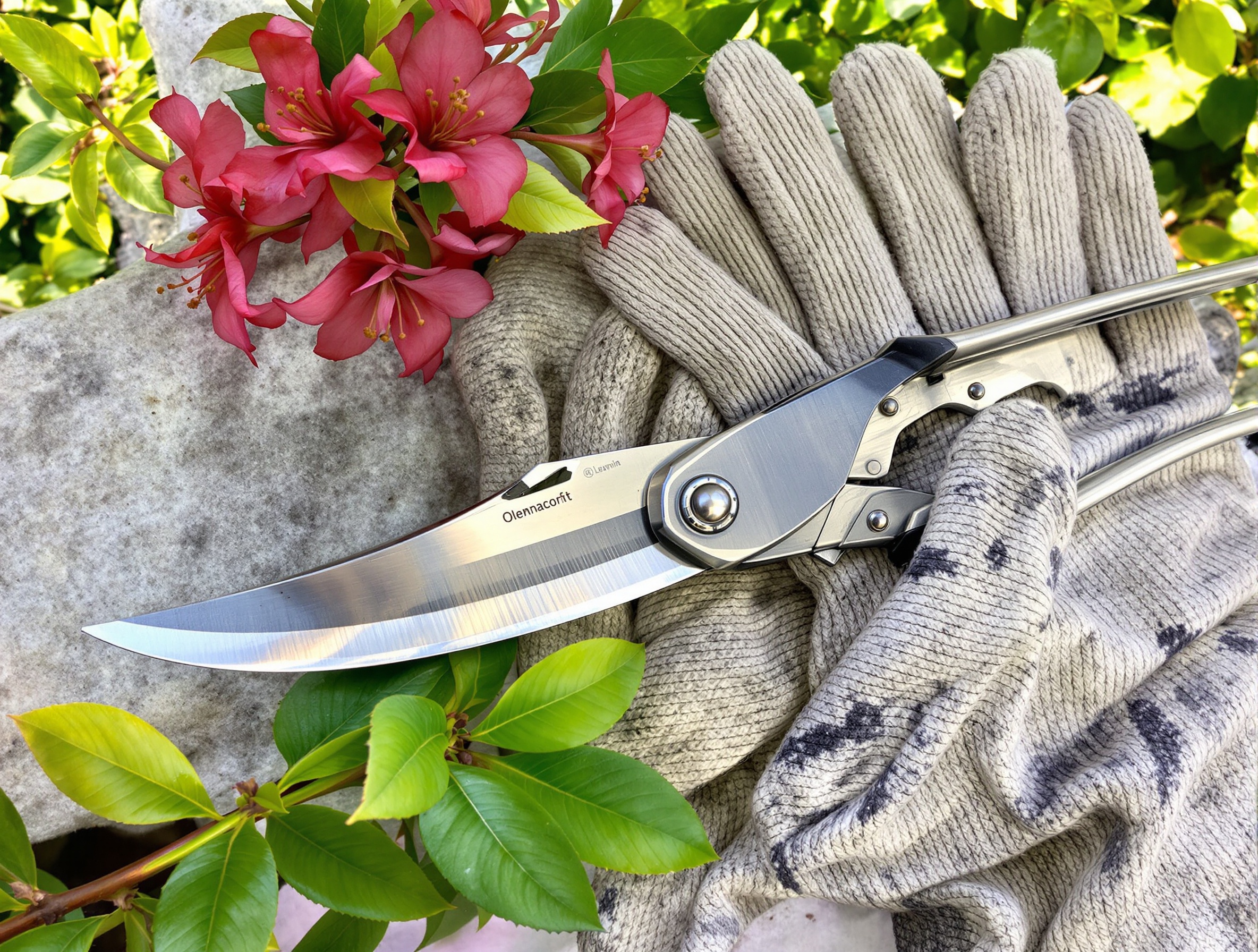 Sécateur propre et gants pour sécurité lors de la taille du laurier rose