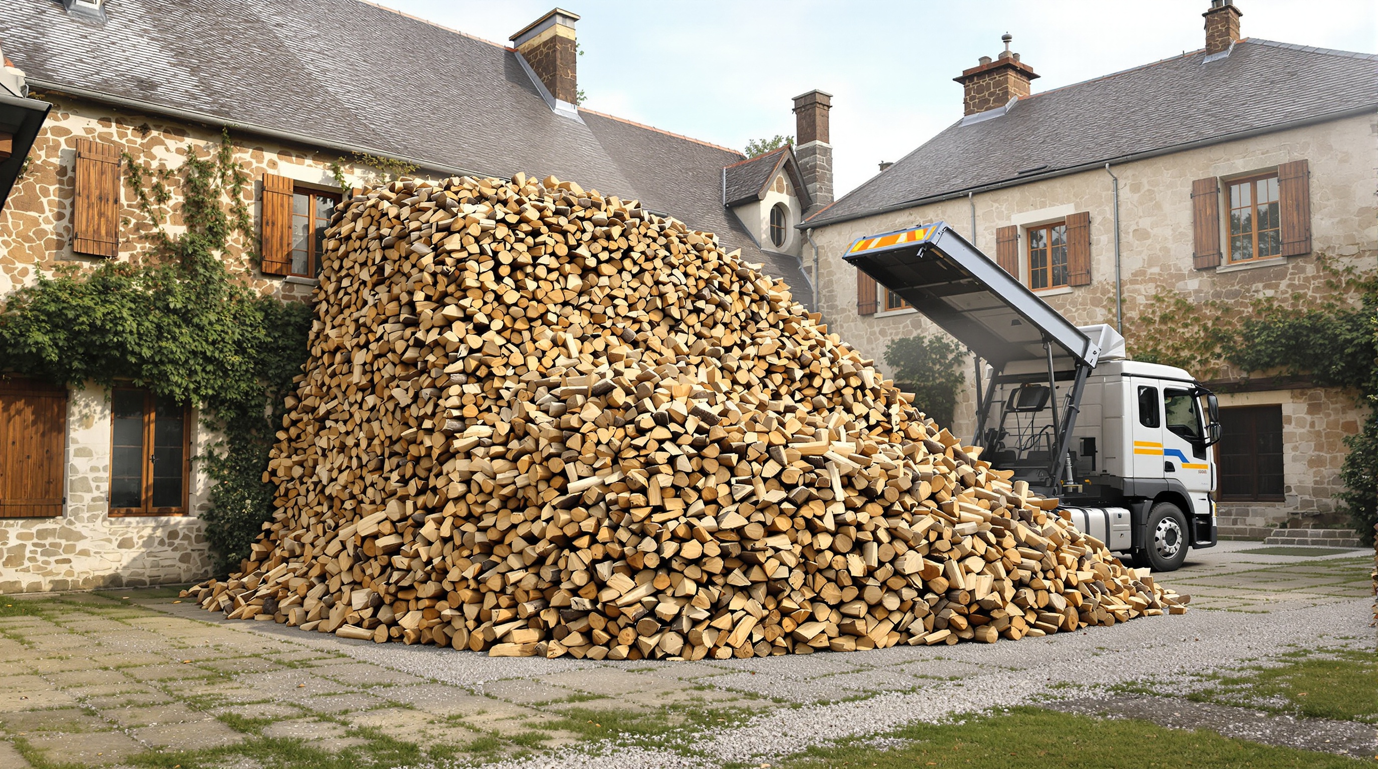 Livraison massive de bois par semi-remorque dans une cour de maison rurale