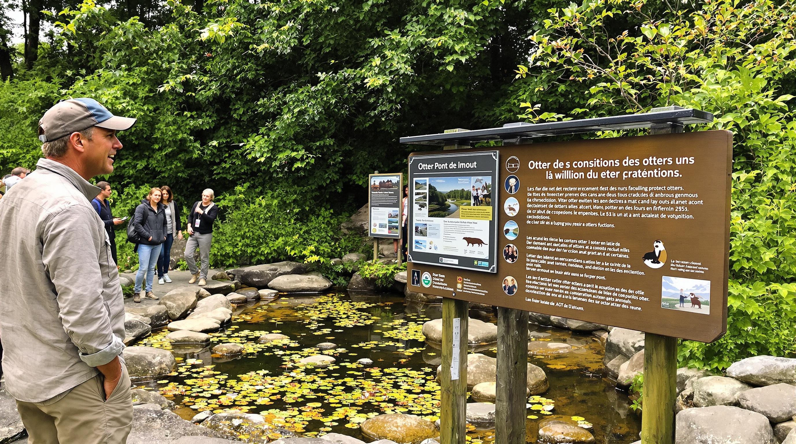 Sentier extérieur avec bassin de loutres, panneau pédagogique sur la conservation et guide expliquant aux visiteurs