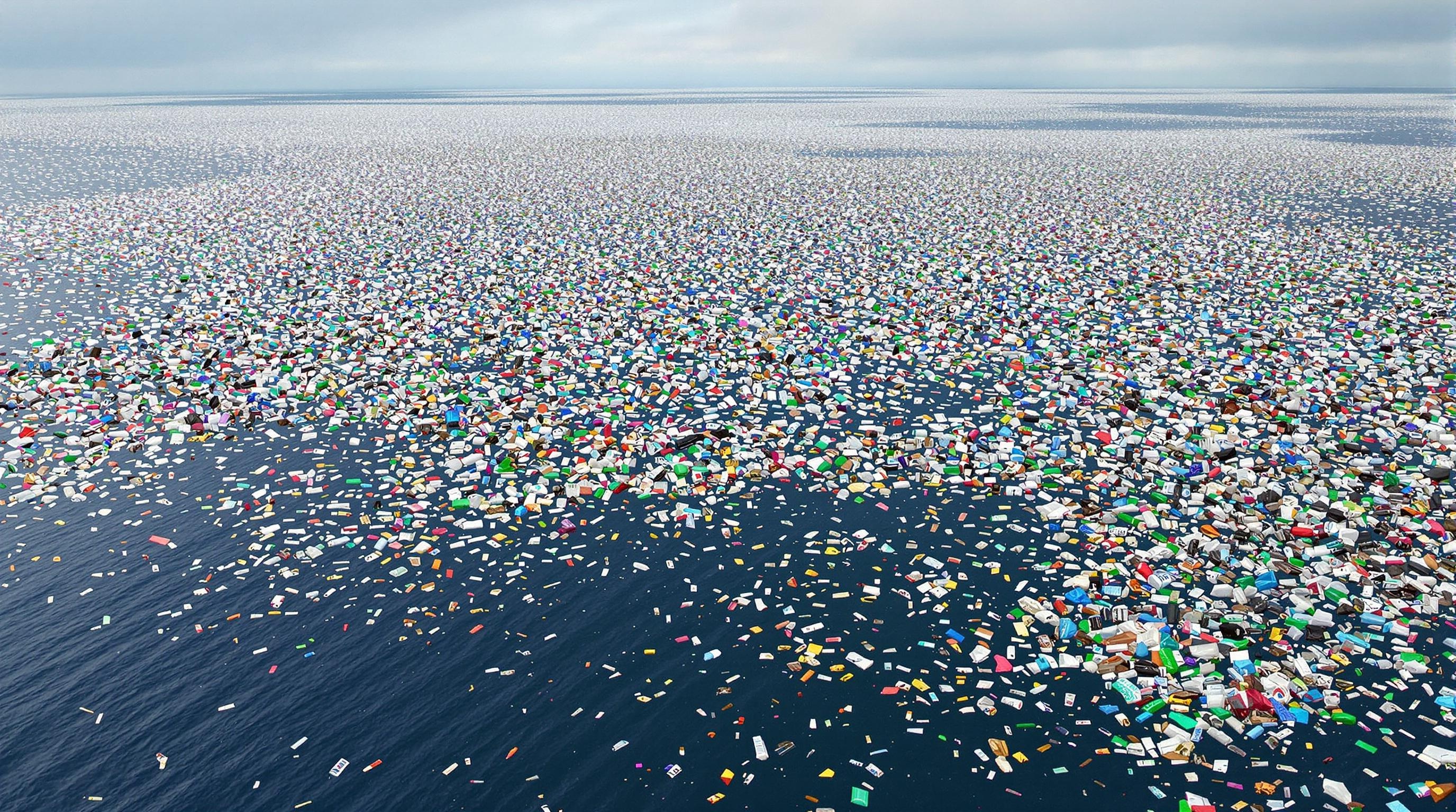 Vue aérienne du septième continent de plastique dérivant entre Hawaï et Californie.