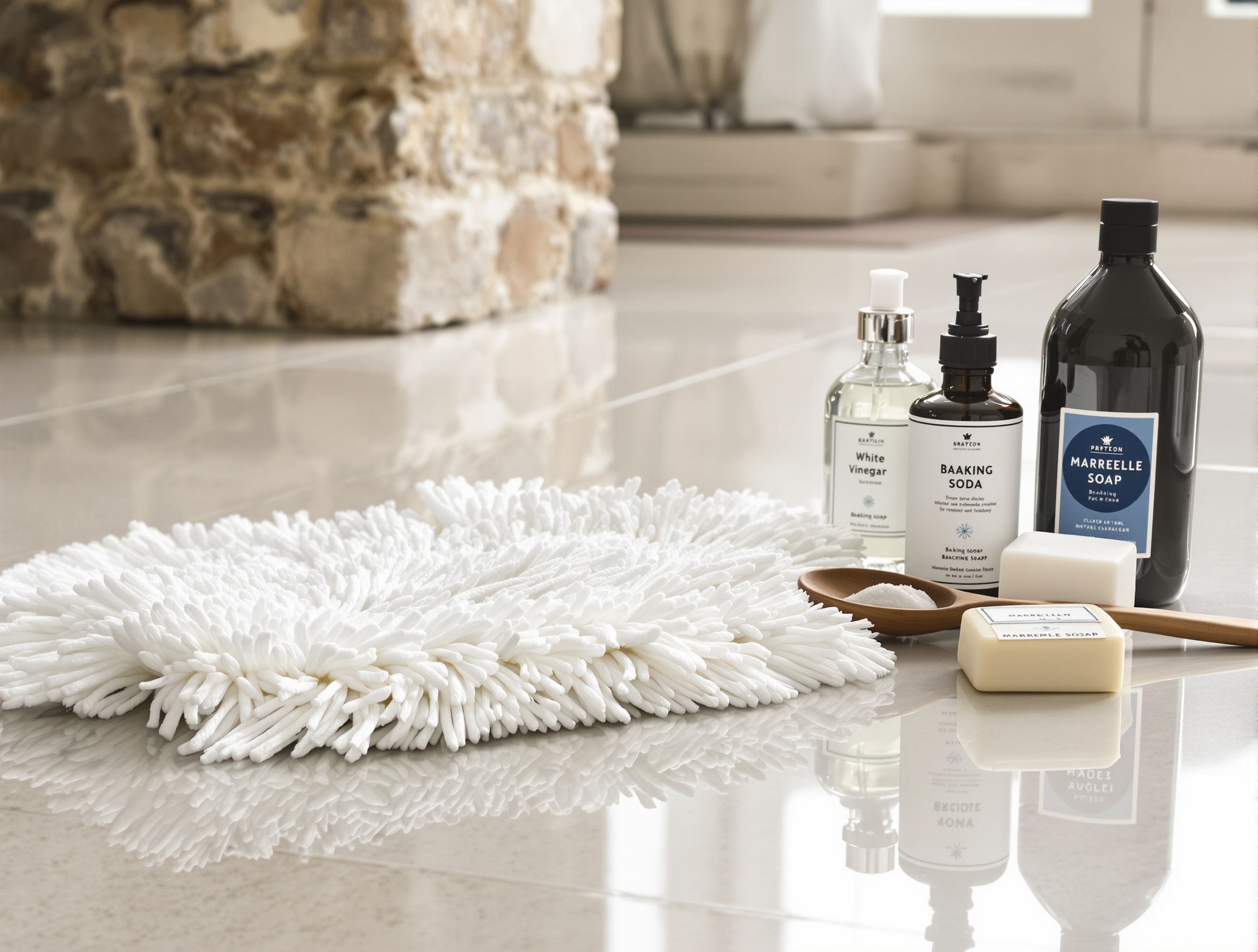 Serpillière microfibre et produits naturels sur carrelage breton authentique
