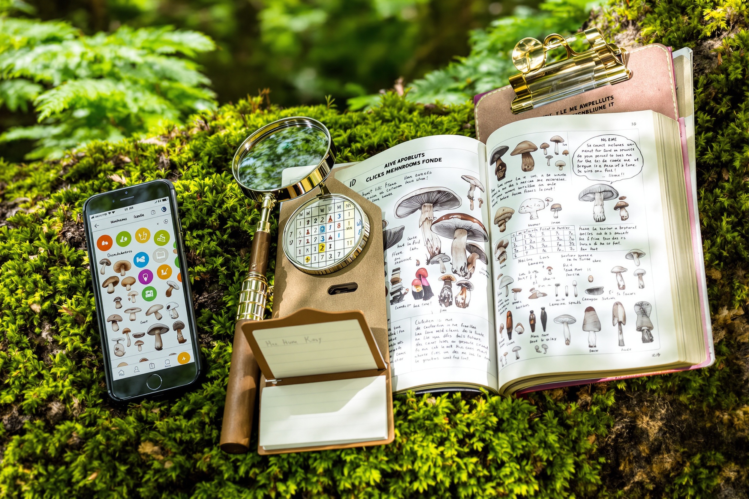 Kit d'identification mycologique en forêt bretonne : smartphone, guide papier, loupe, carnet, clé de détermination sur tronc moussu