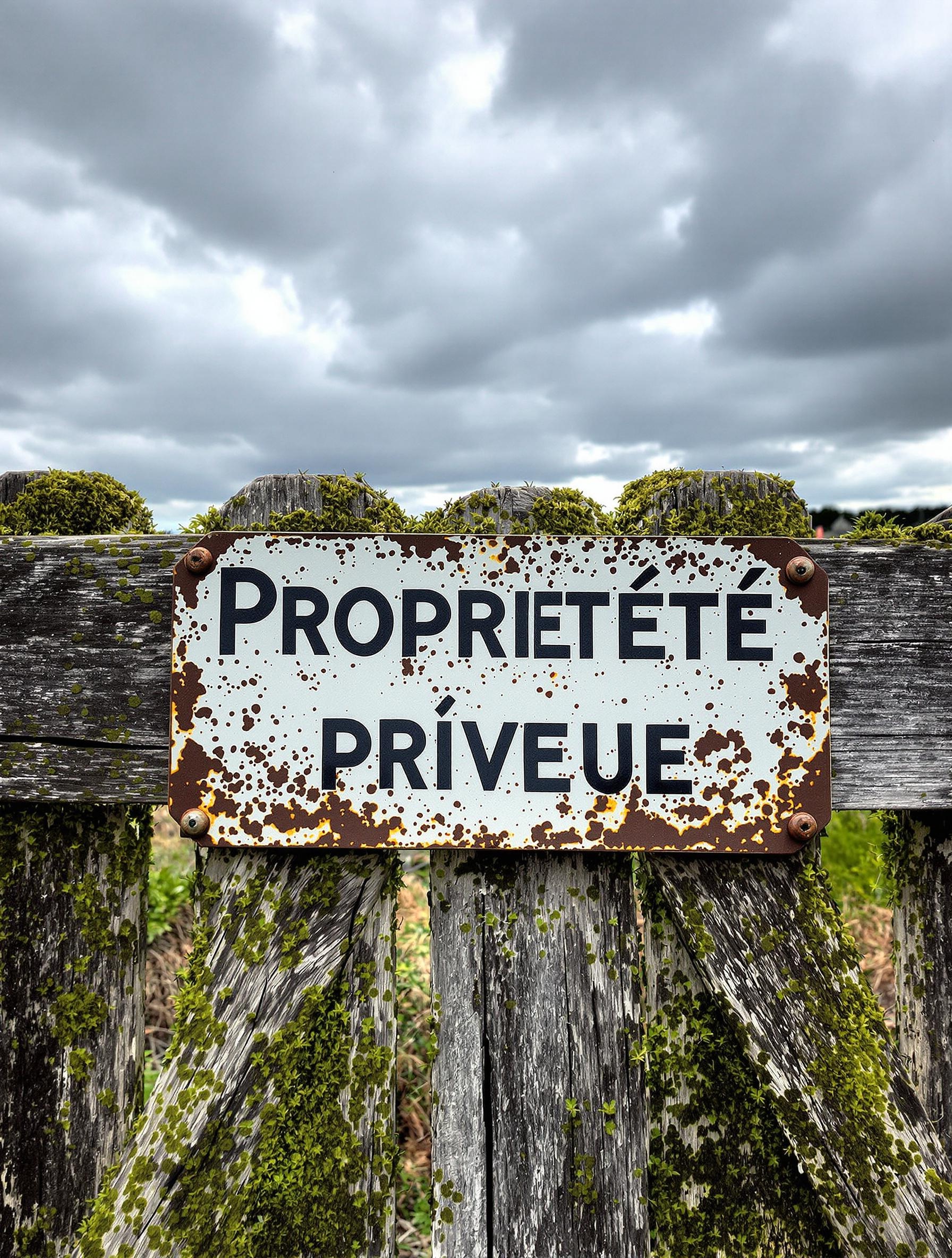 Clôture de propriété privée en bois moussu sous un ciel breton