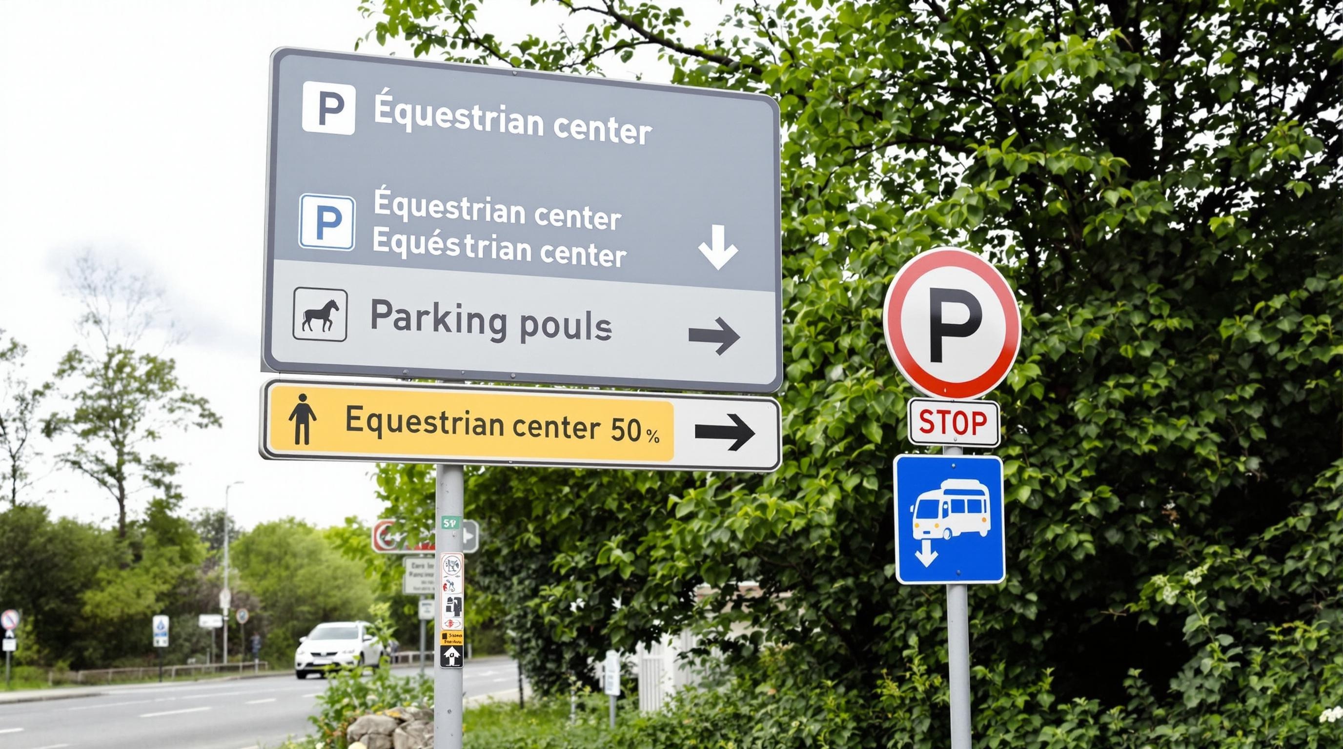 Signalétique pour le parking et l'accès en bus aux centres équestres de Guidel