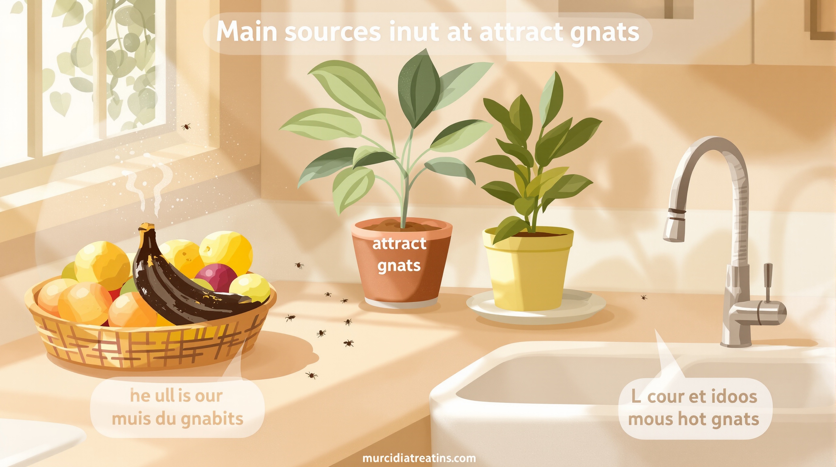Sources d'attraction pour les moucherons dans une cuisine naturelle : fruits mûrs, terreau, évier.