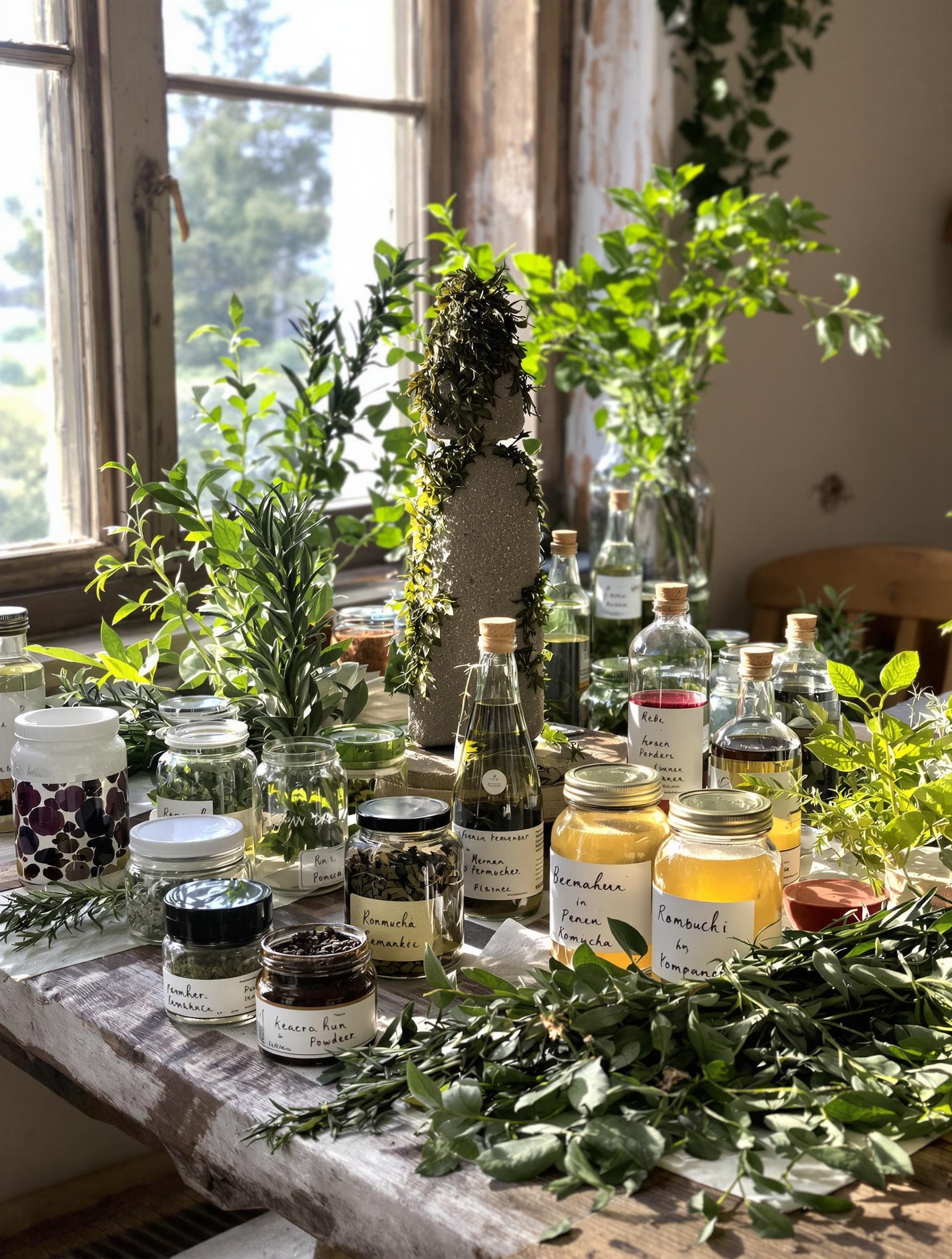 Table de ferme bretonne avec poudres, herbes, menhir, algues et kombucha