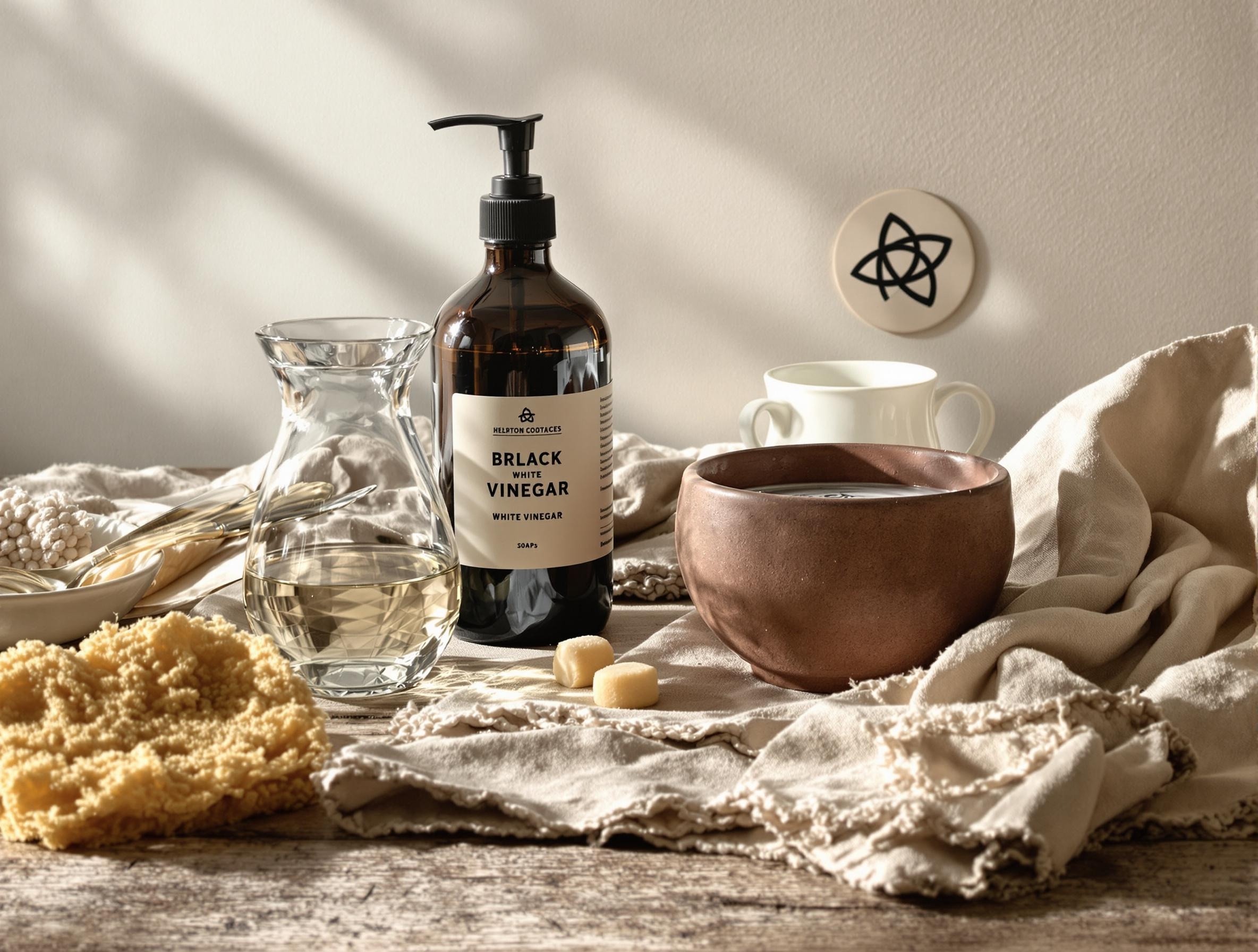 Table bretonne avec savon noir, vinaigre blanc, bol en terre cuite, éponge naturelle et triskell