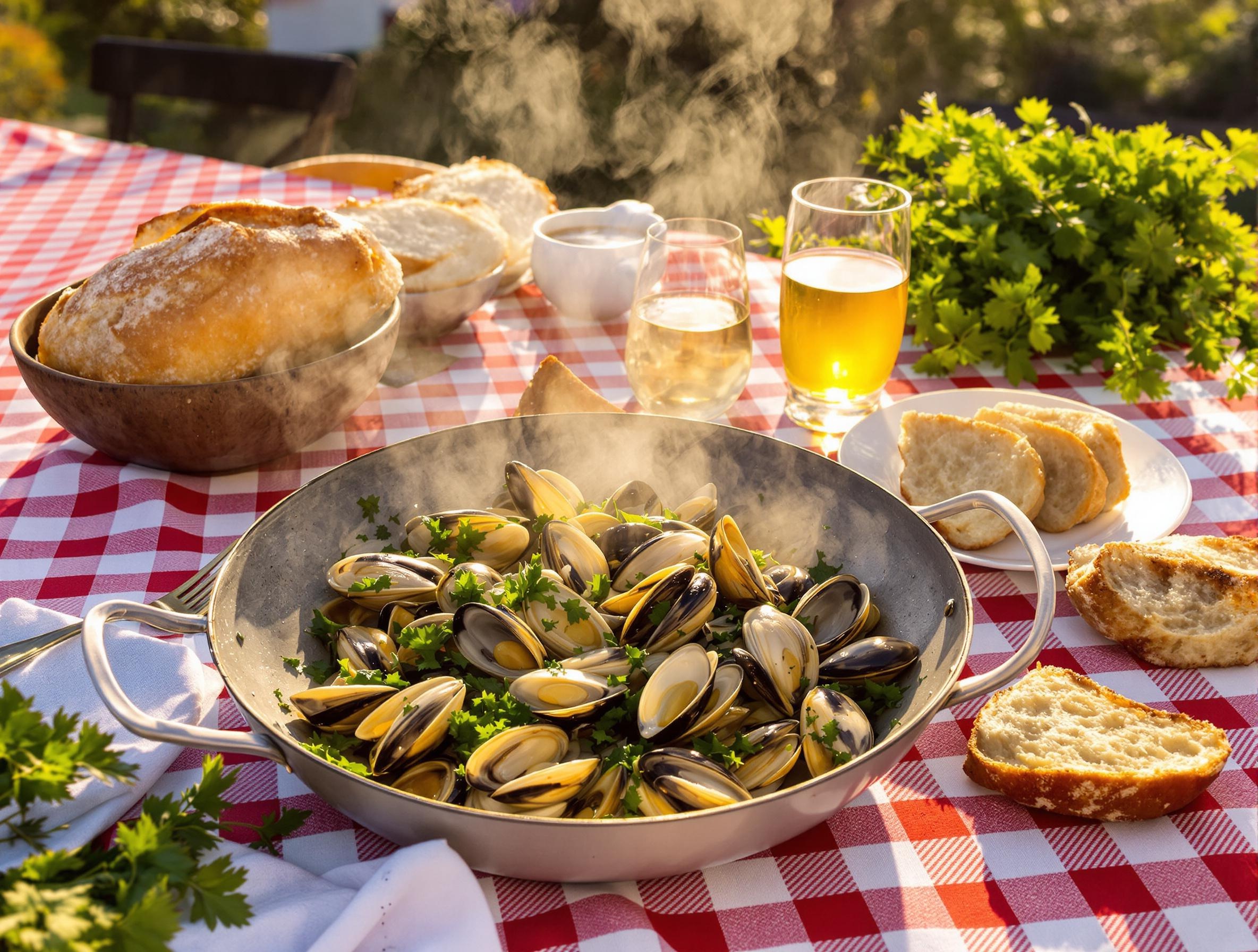 Coques en persillade fumantes avec bol de cidre fermier et pain de campagne.
