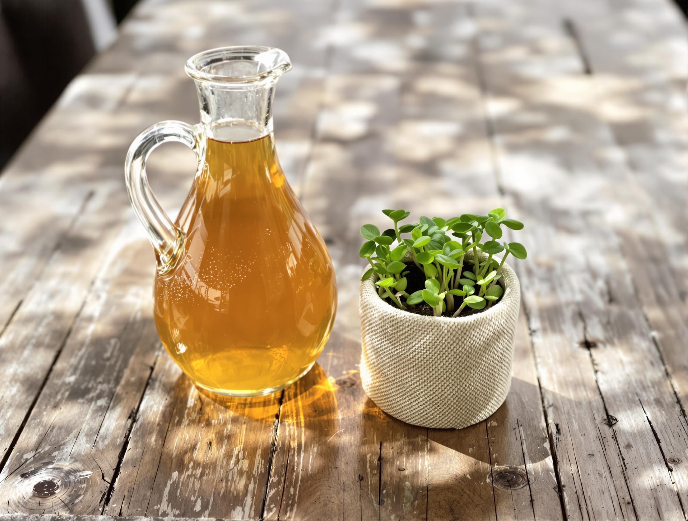 Table rustique : carafe de kombucha ambré, petit pot à semis en lin avec pousses vigoureuses, lumière douce typiquement bretonne.