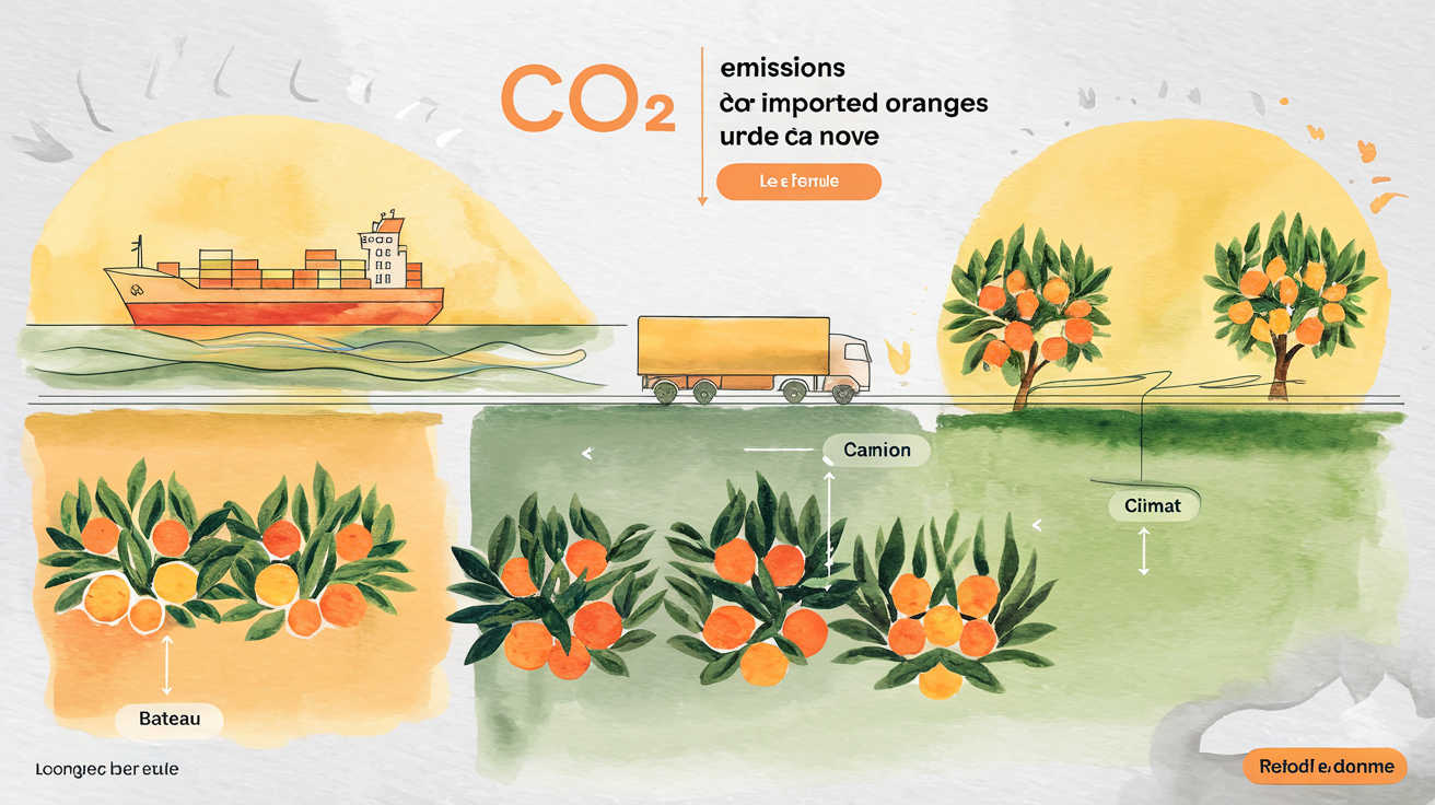 Tableau comparatif émissions CO2 oranges importées aquarelle bretonne