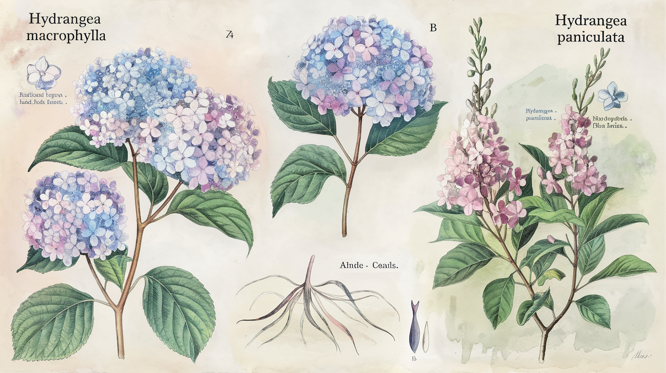 Tableau comparatif visuel Hydrangea macrophylla et paniculata style carnet botanique breton