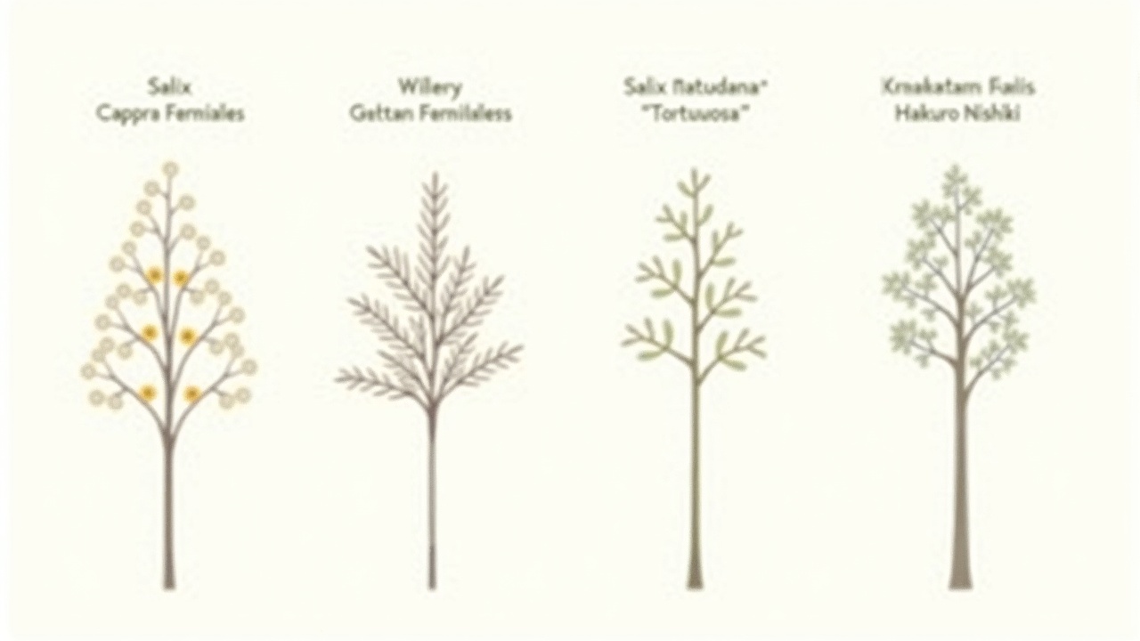 Tableau comparatif illustré des principales variétés de saules : silhouettes, feuilles et usages traditionnels.