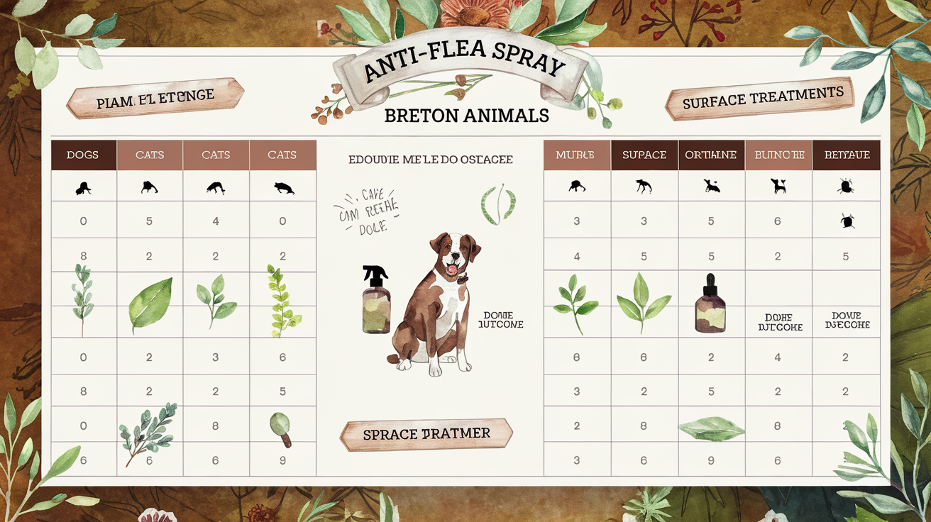 Tableau des dosages pour spray anti-puce naturel pour chiens, chats et maison