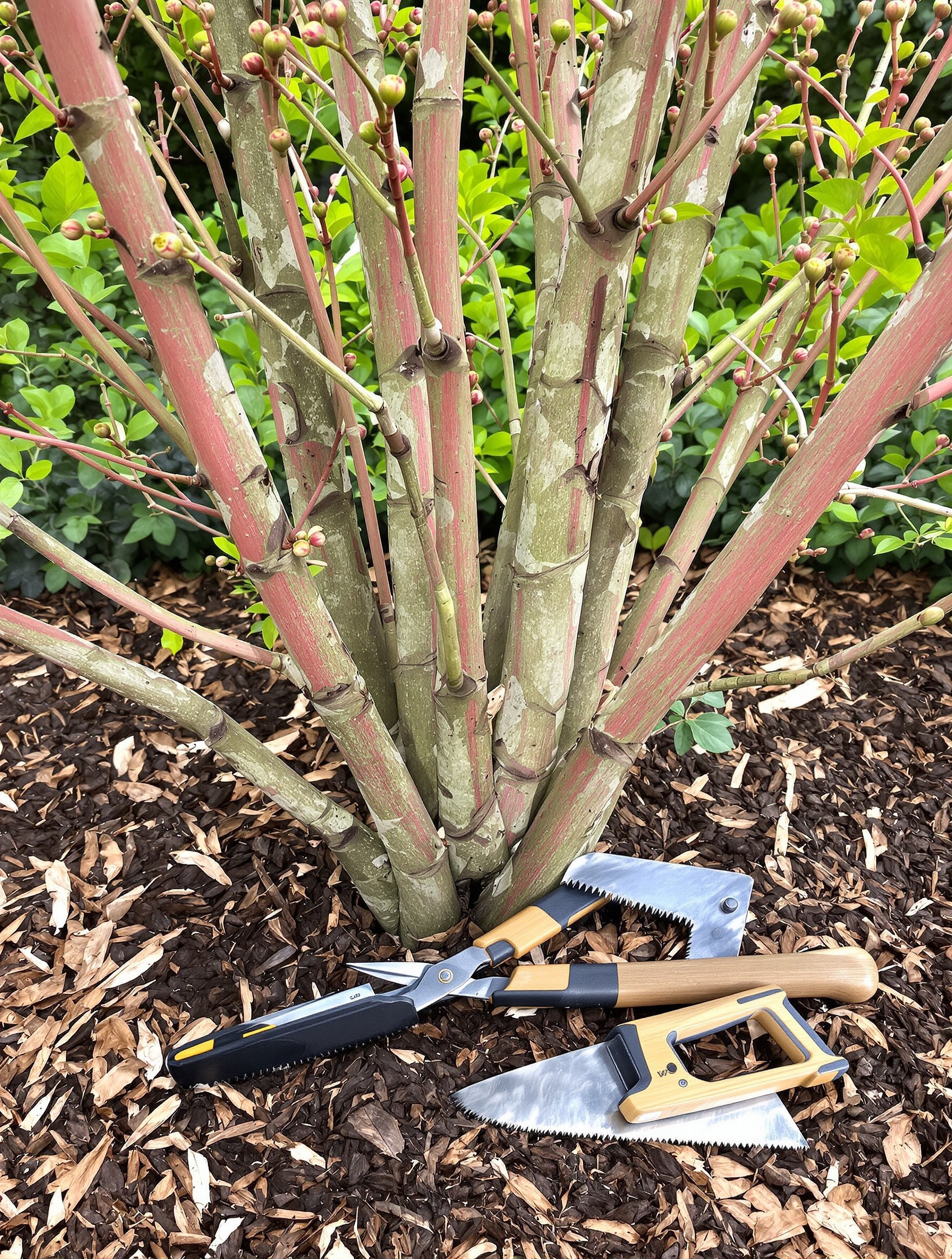 Exemple de taille annuelle sur un saule crevette, montrant les coupes juste au-dessus des bourgeons orientés vers l'extérieur pour encourager une forme aérée et la production de nouvelles pousses colorées.