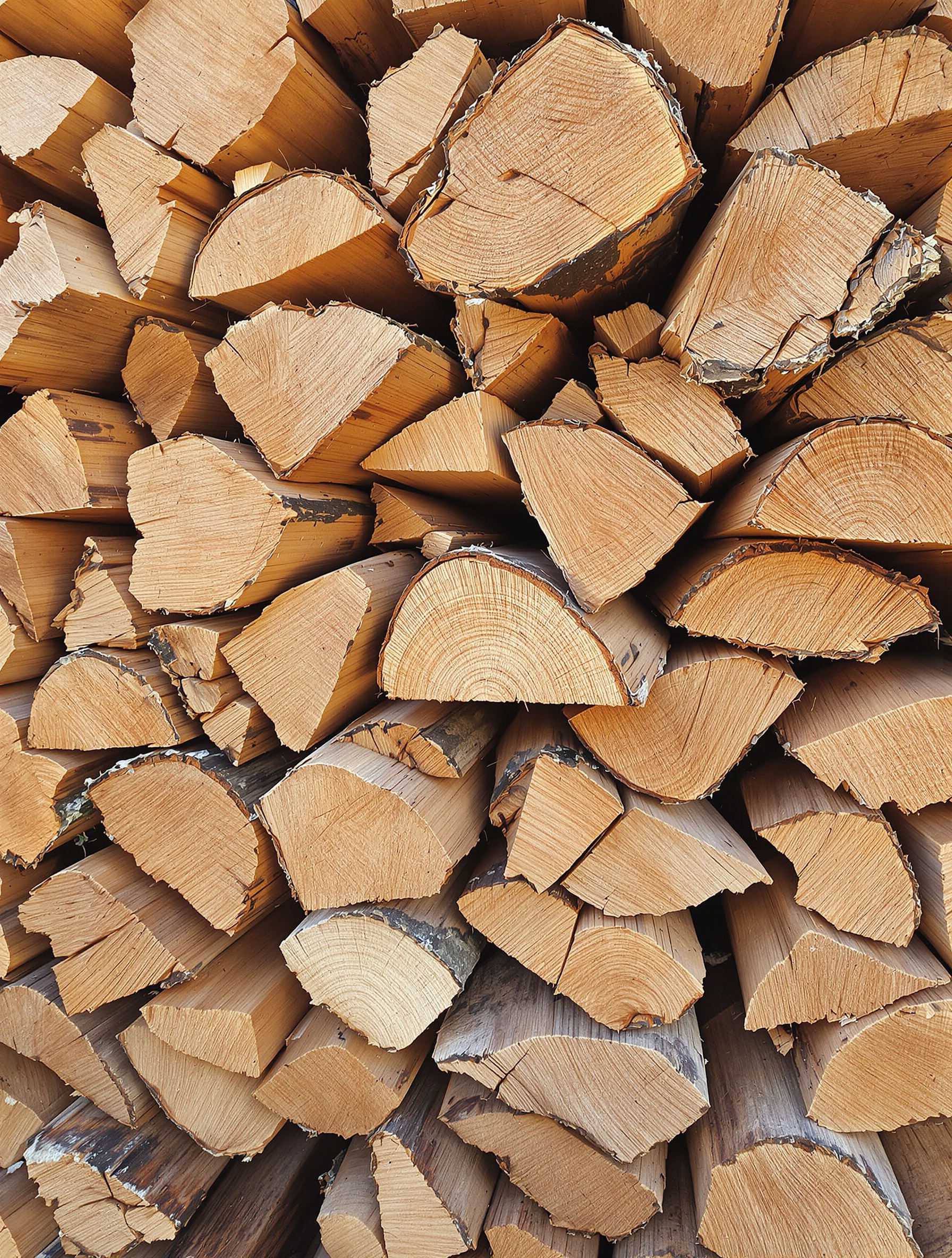 Tas de bois de chauffage rangé avec chêne et hêtre fendus