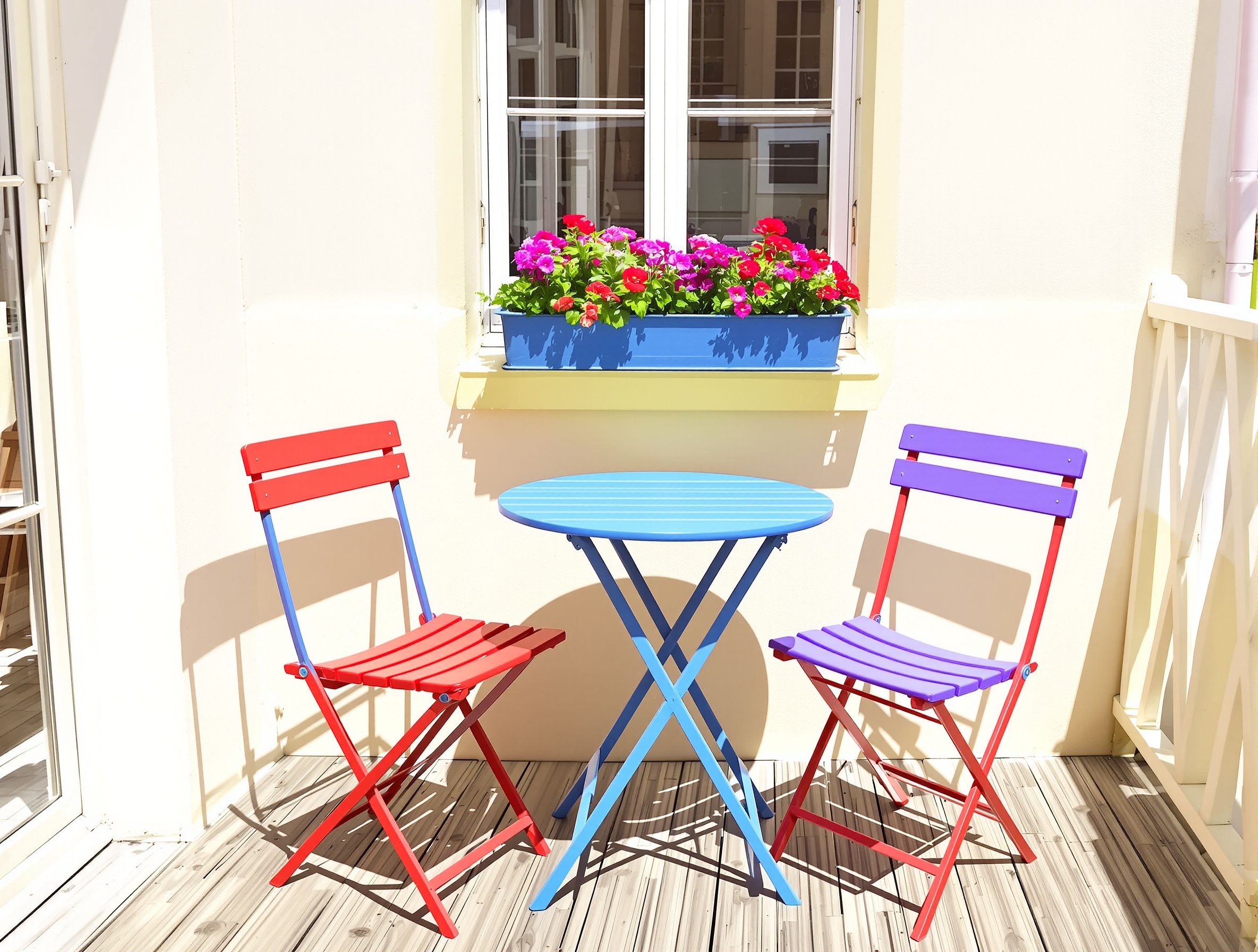 petite terrasse bois table ronde chaises Bistro pliantes jardinière optimisée