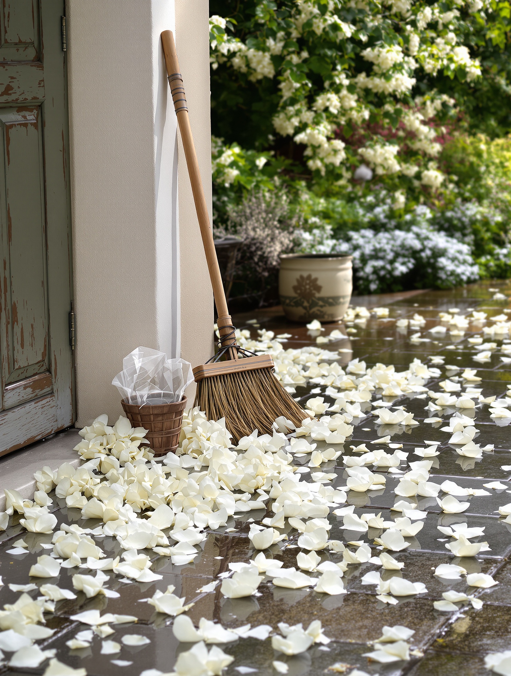 Terrasse bretonne recouverte de fleurs de catalpa après la pluie