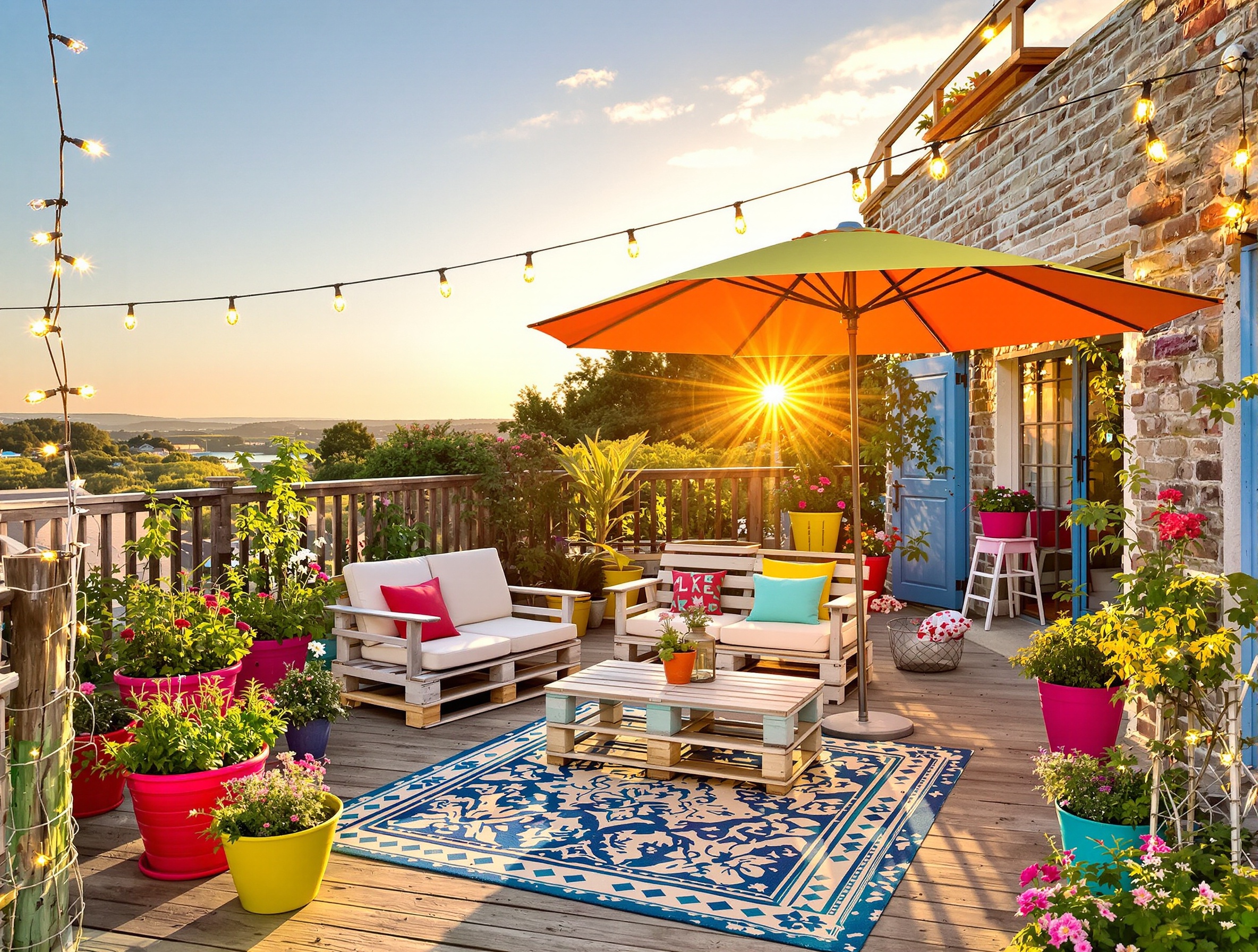 terrasse bretonne économique avec parasol, palettes transformées en mobilier, et pots de plantes colorés