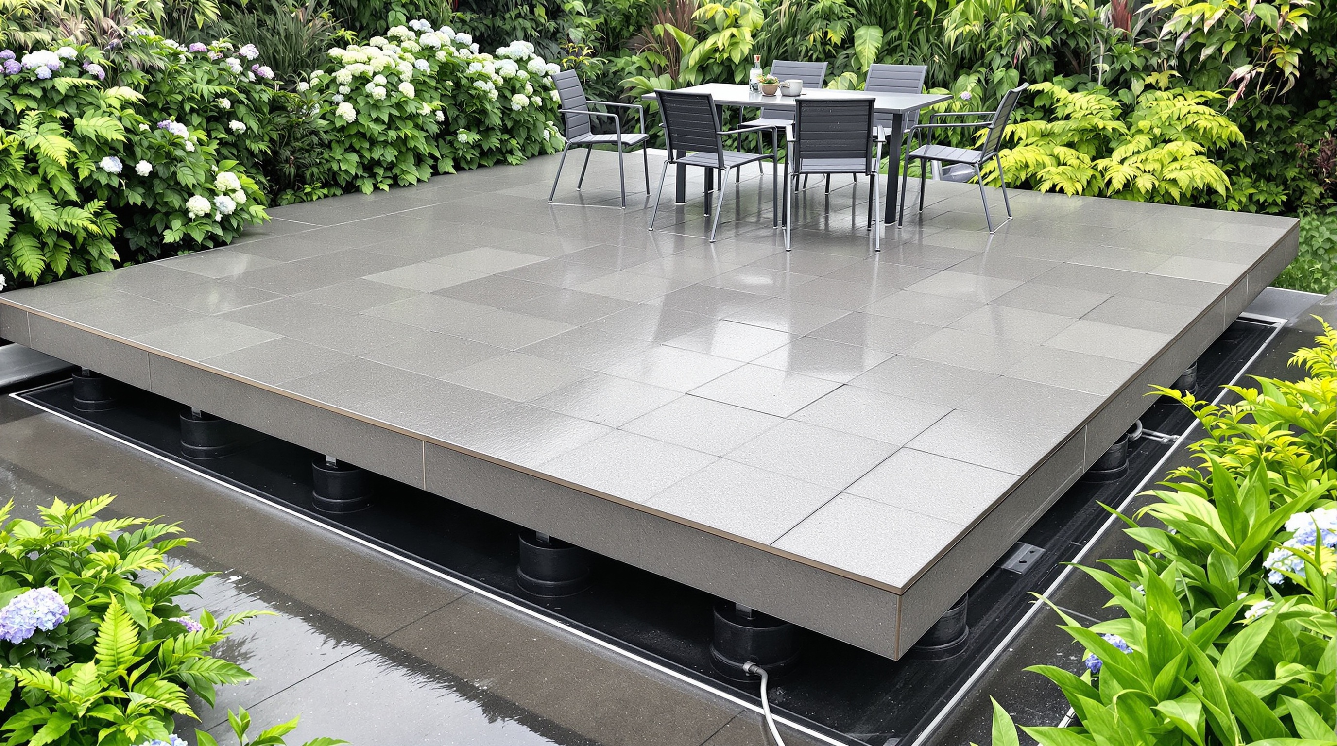Terrasse sur plots évacuant l'eau sous la pluie bretonne.