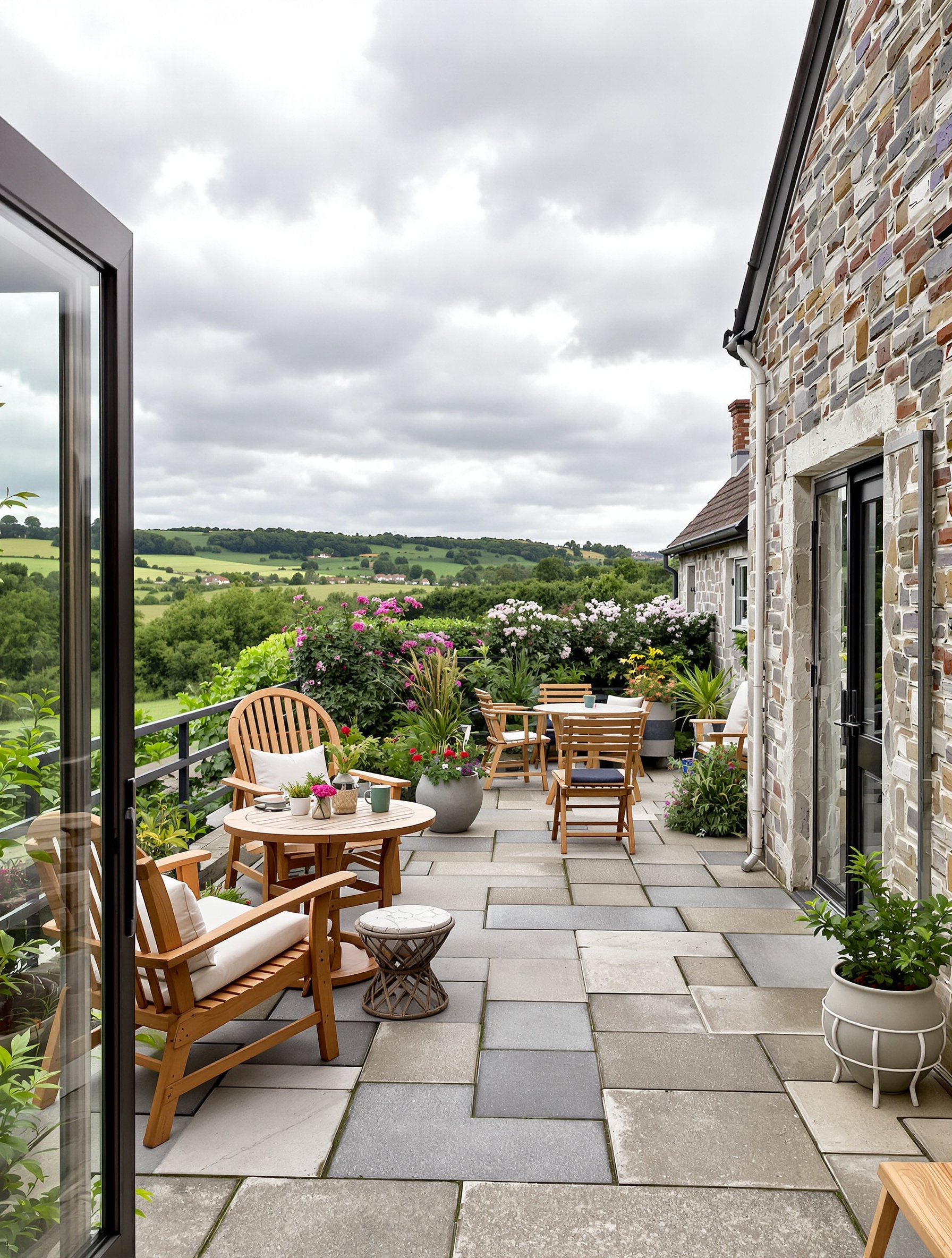 terrasse conviviale en Bretagne avec bois et dalles naturelles