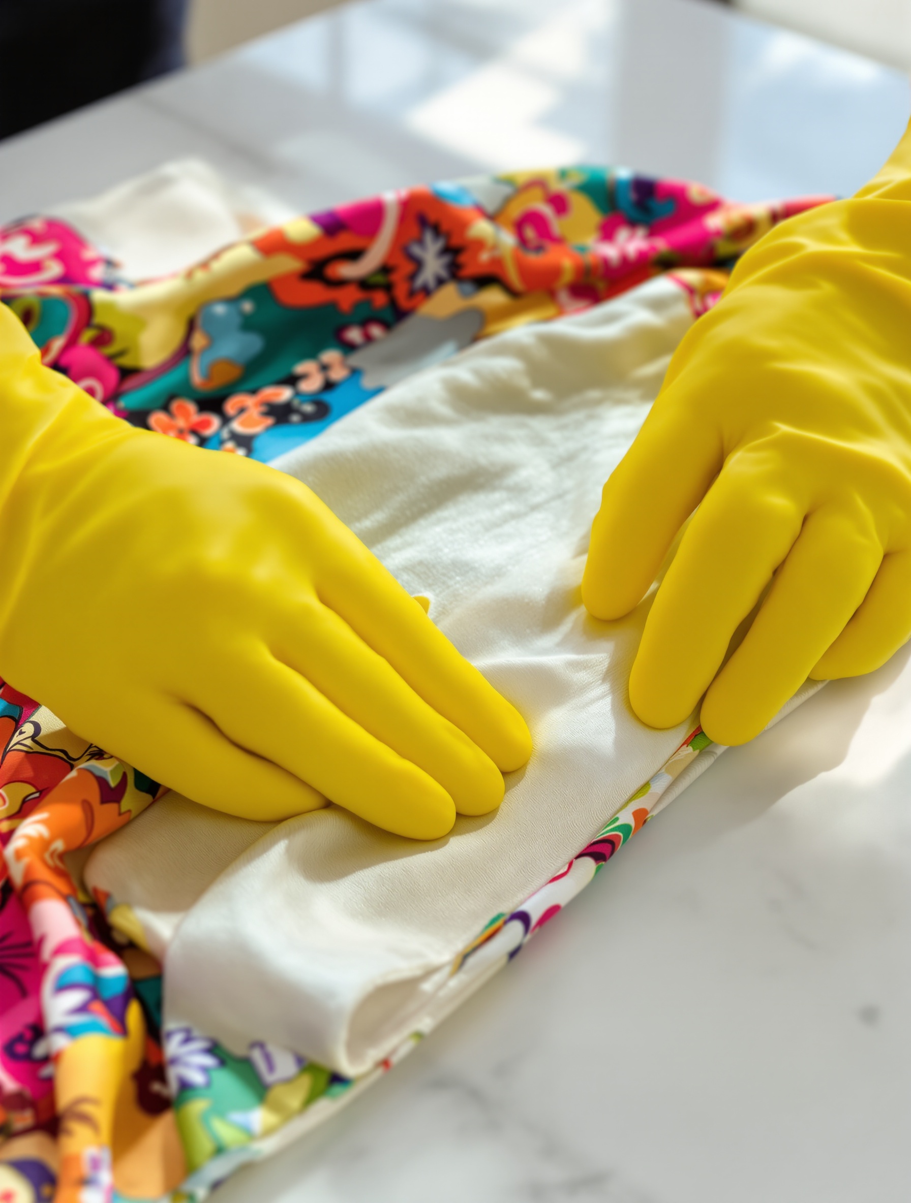 Test discret avec des gants de ménage et du savon au fiel de bœuf sur ourlet intérieur de soie