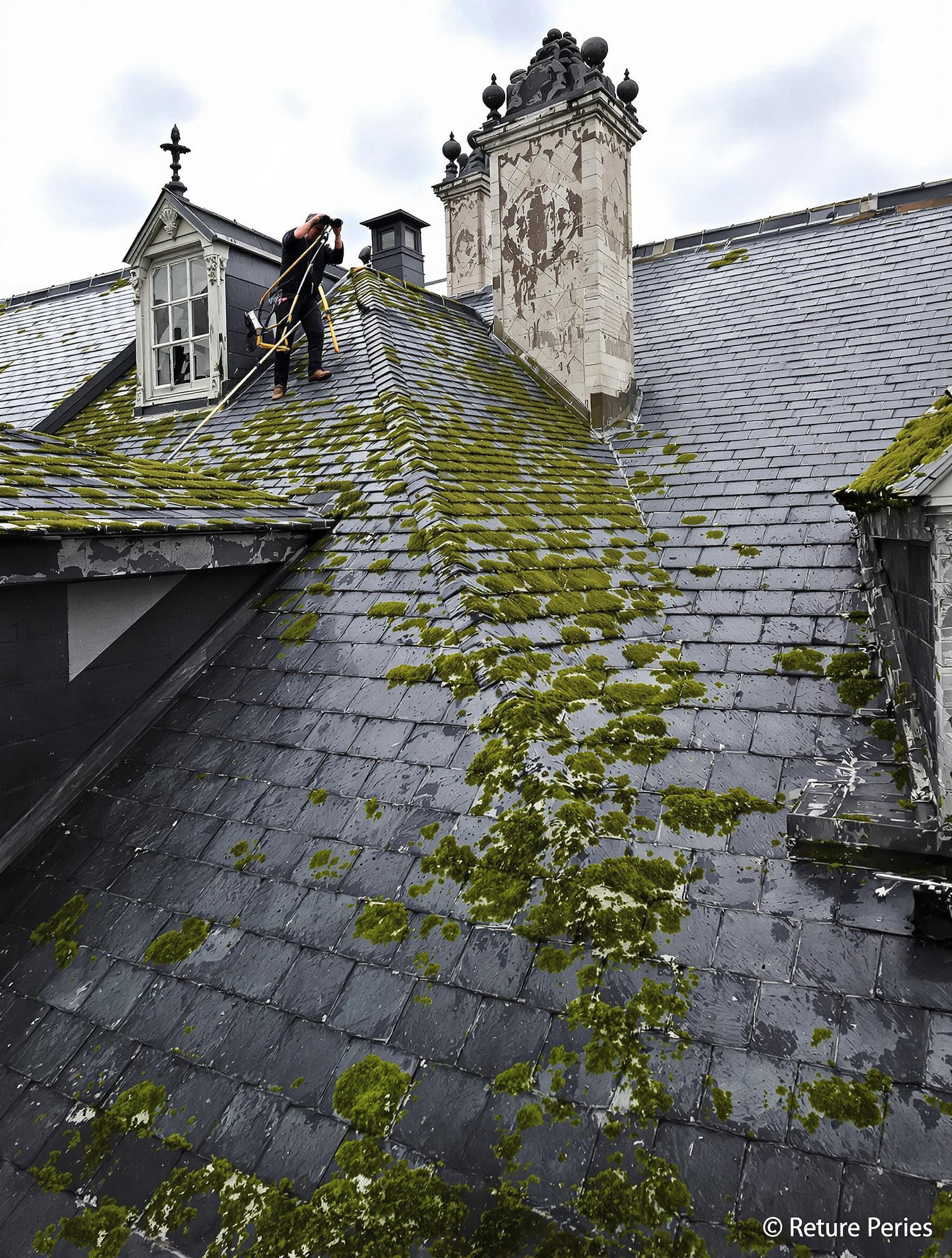 Entretien annuel d'un toit Mansart : nettoyage des gouttières, vérification du faîtage, présence de mousse sur ardoises sous ciel breton.