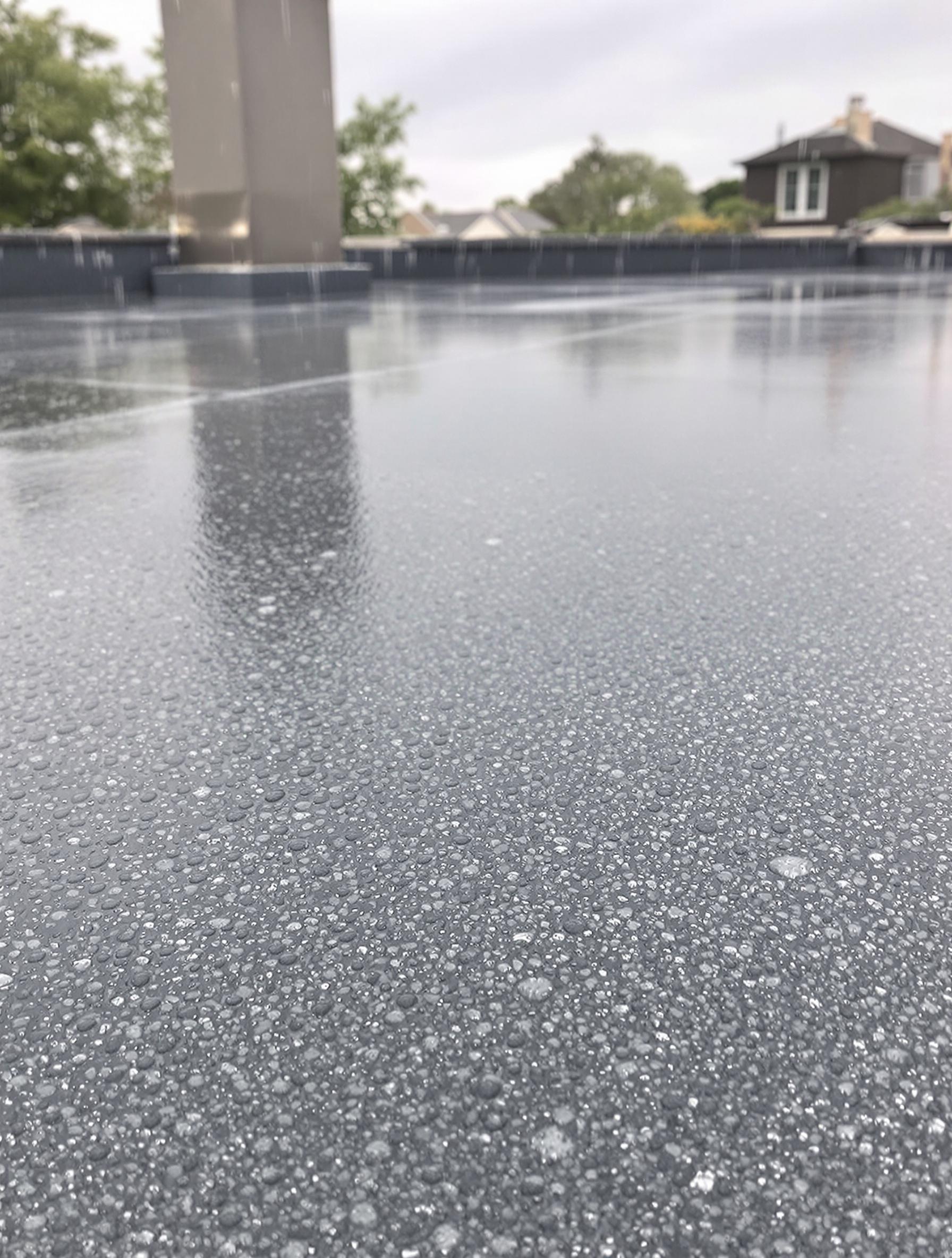 Zoom sur une membrane d’étanchéité pour toit terrasse sous la pluie bretonne