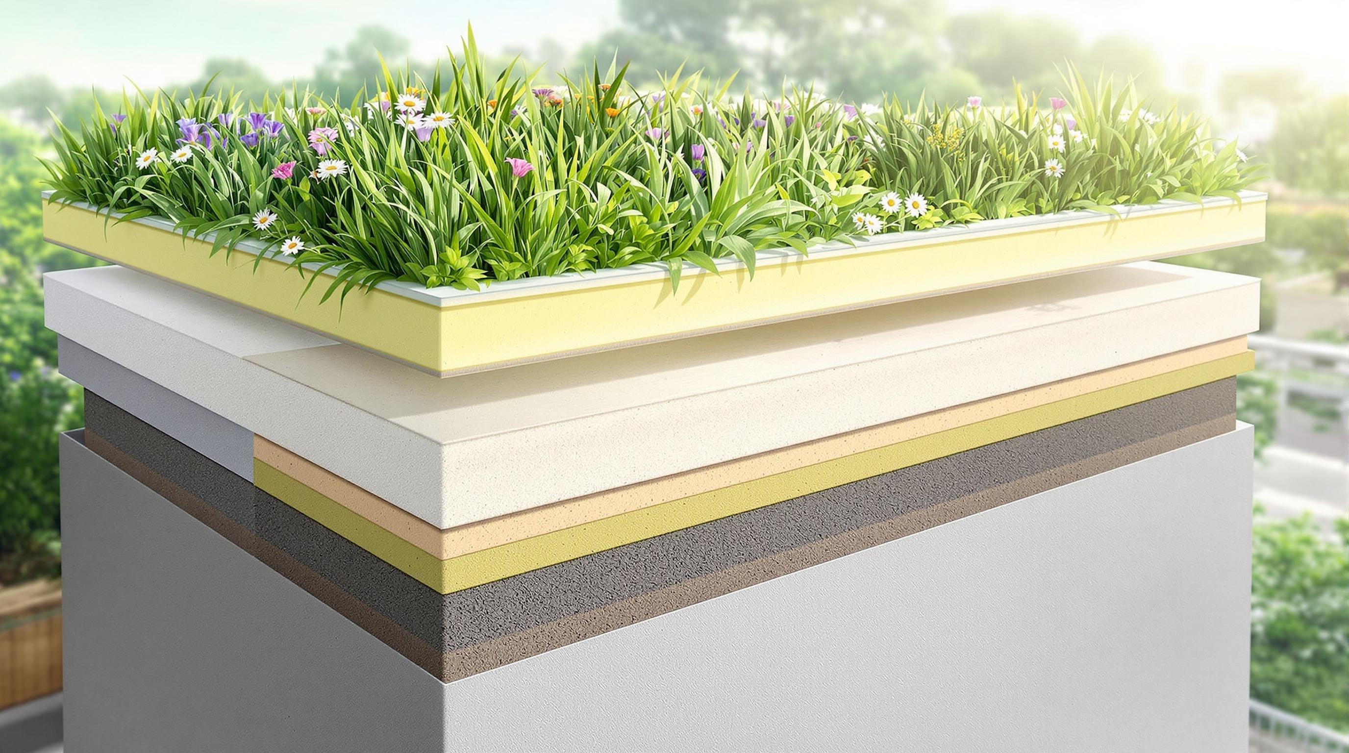 toit-terrasse végétalisé avec différentes couches d'étanchéité
