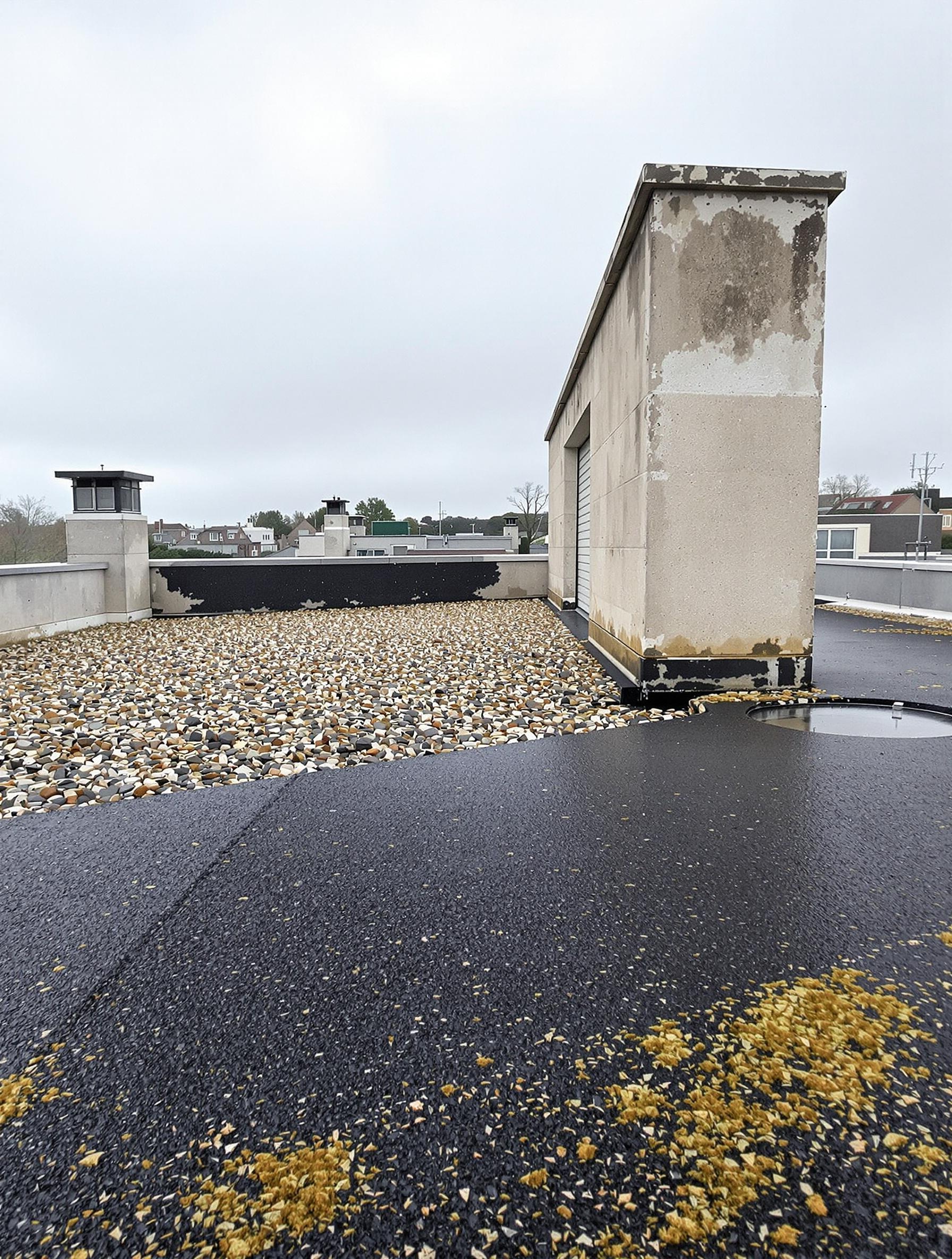 Toiture terrasse inaccessible en béton et acier en Bretagne, avec gravillons sous un ciel humide.