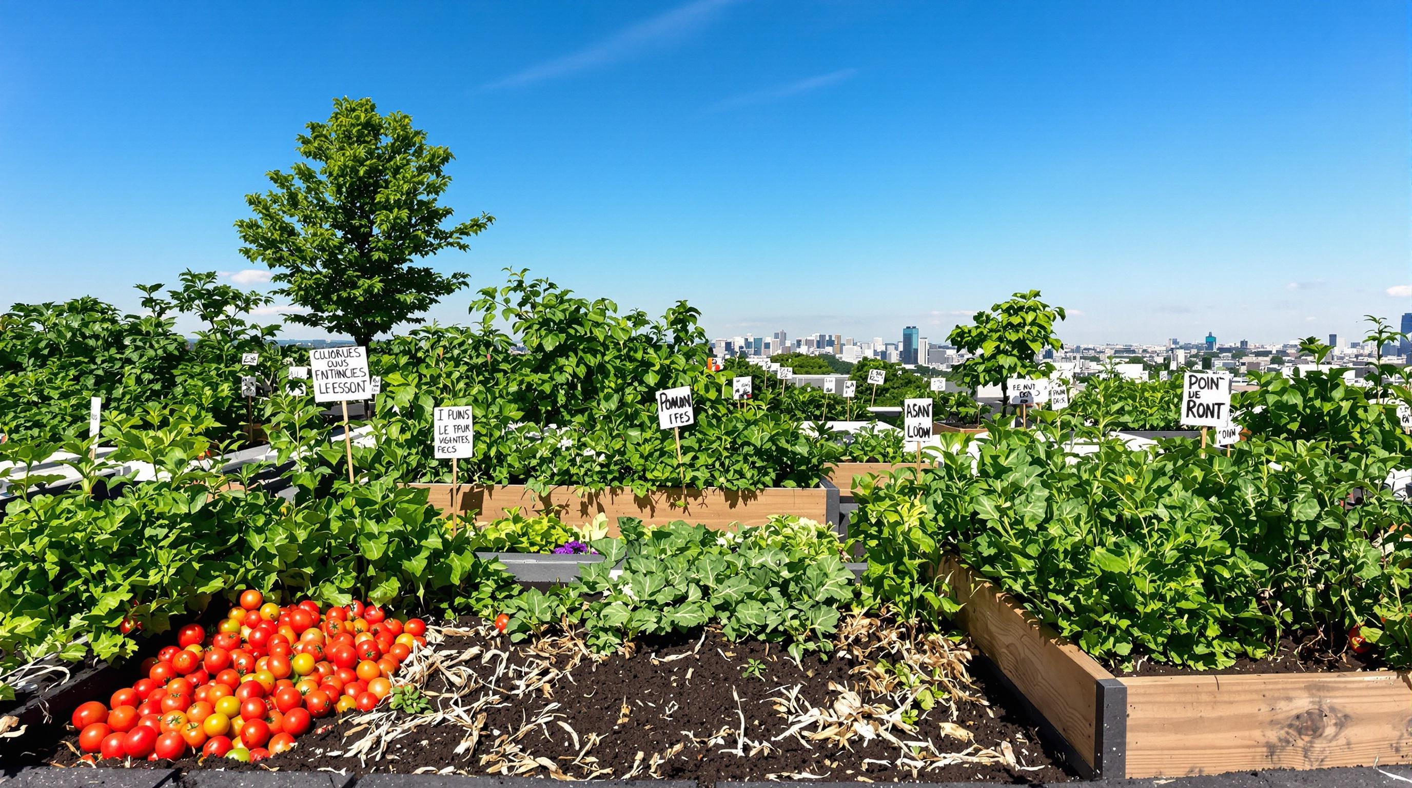 Toiture terrasse intensive avec potager urbain, bacs irrigués et légumes favorisant la biodiversité en Bretagne.