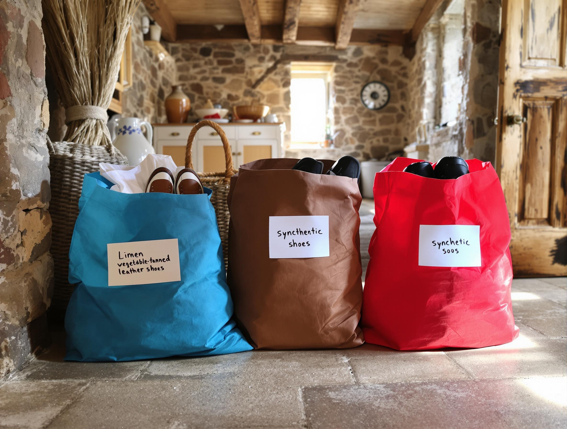 Sacs de tri colorés pour chaussures usagées – lin, cuir végétal, synthétique