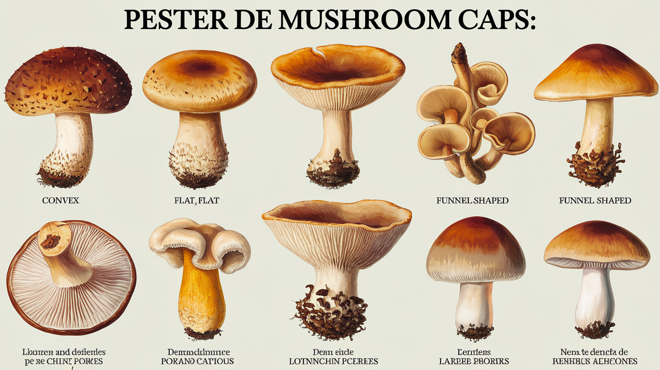 Illustration de divers types de chapeaux de champignons avec légendes
