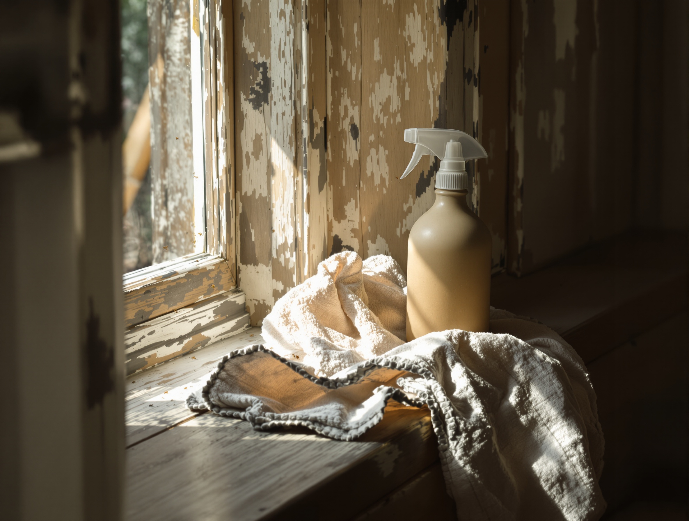 Spray vinaigre blanc anti-fourmis sur fenêtre maison bretonne.