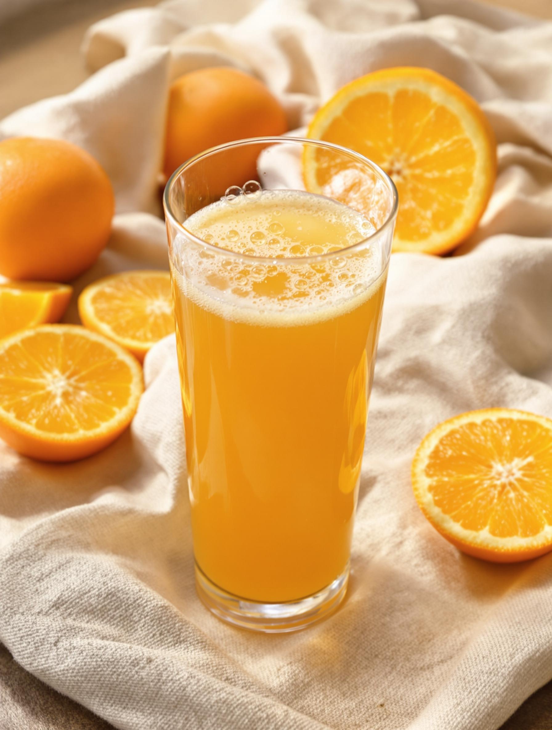 Verre de jus orange kombucha torchon lin