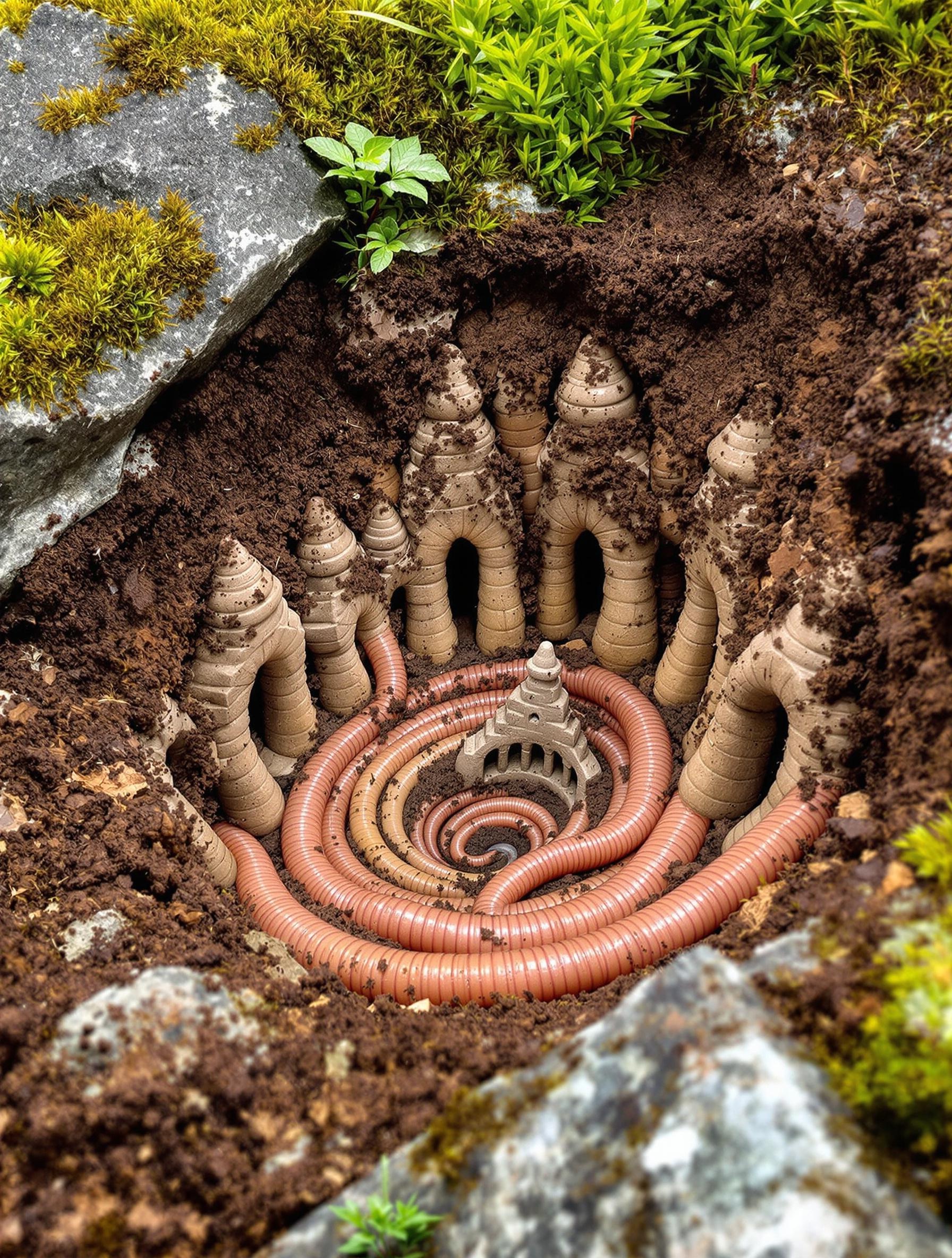 Illustration détaillée des vers de terre dans un sol breton avec turricules/menhirs organiques