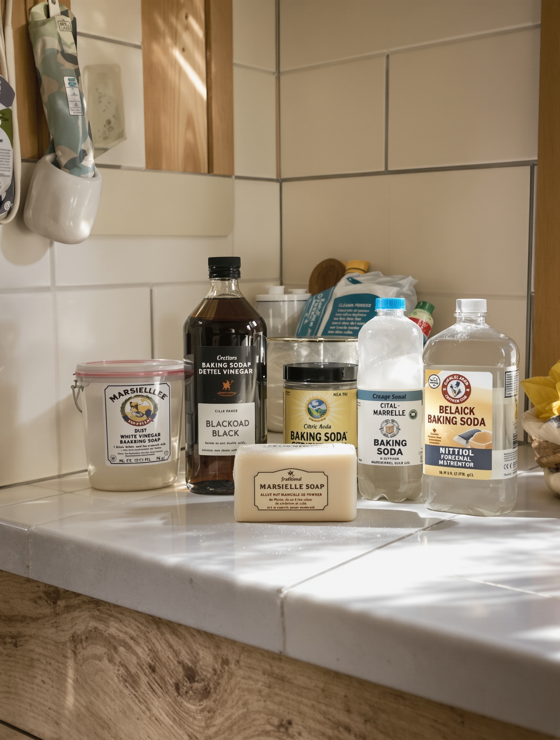 Produits naturels bretons pour le carrelage : vinaigre blanc, savon noir, bicarbonate, acide citrique et savon de Marseille sur plan en bois rustique