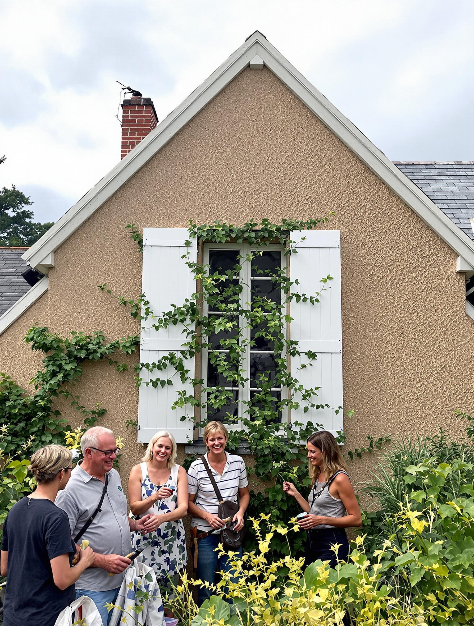 Scène collective bretonne bricolage plantes grimpantes volets blancs esprit convivial