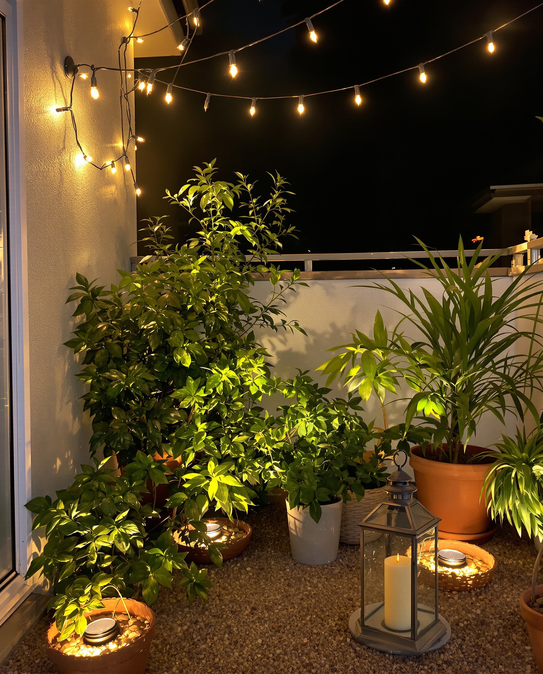 Vue nocturne petit jardin guirlande lumineuse guinguette spots solaires lanterne bougie