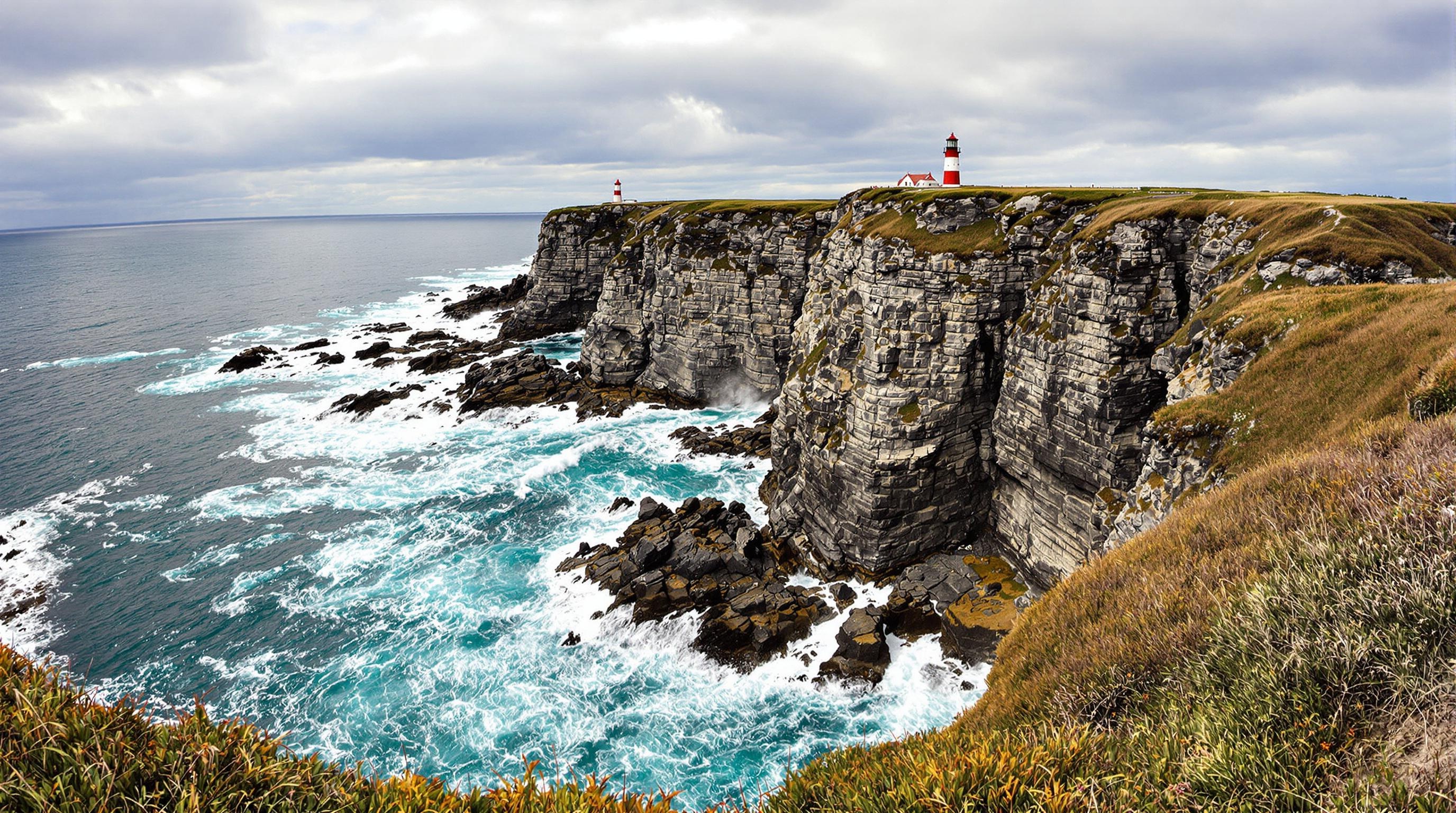 Vue des falaises abruptes et des phares emblématiques depuis la Pointe du Raz