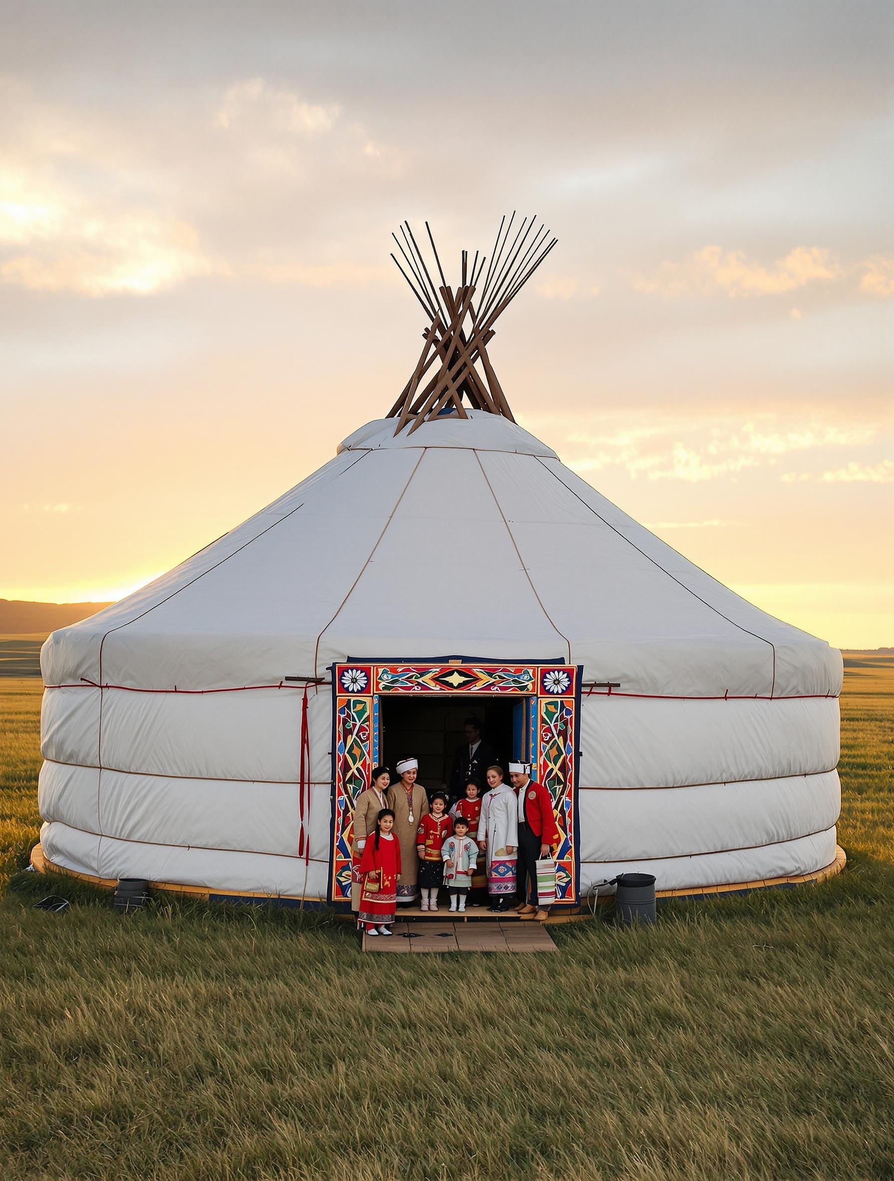 Yourte mongole traditionnelle sur la steppe avec une famille à l'entrée et un détail du toono.