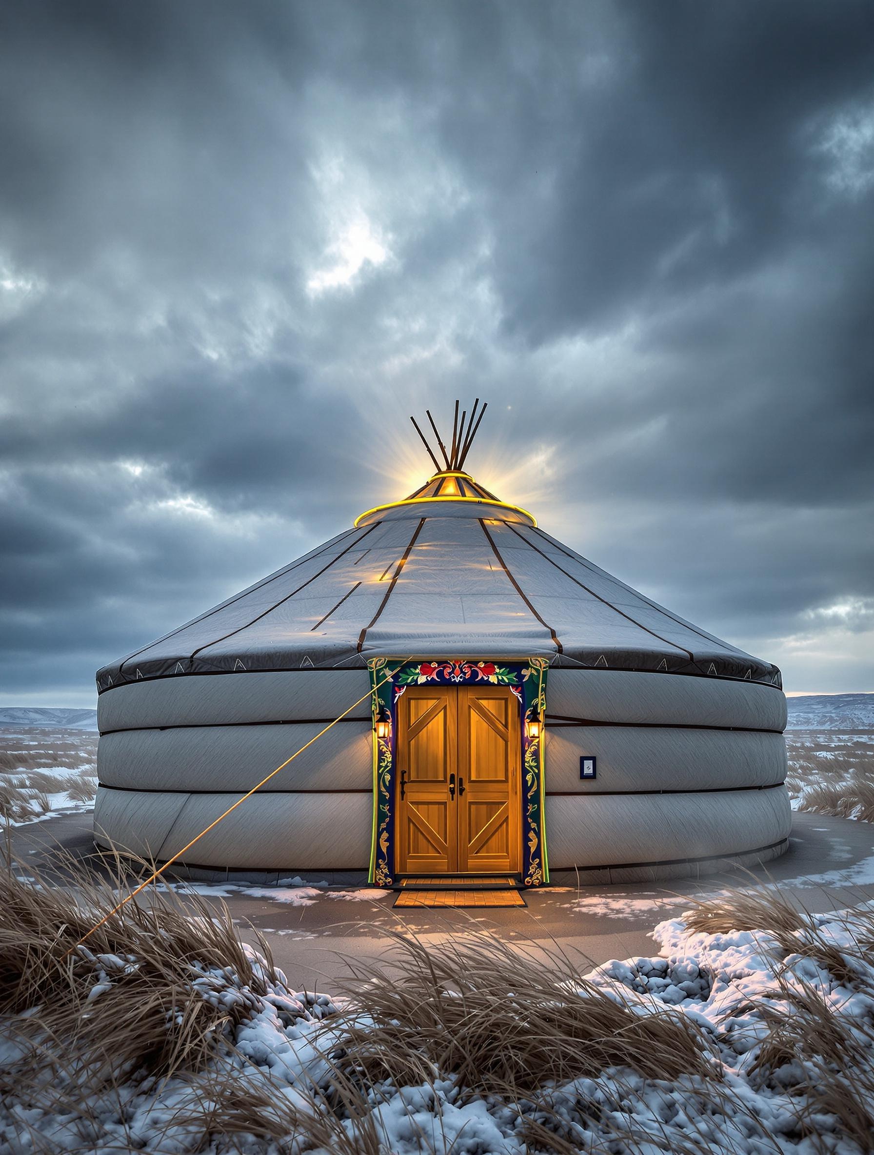 Yourte mongole sous une tempête, montrant sa structure solide et son feutre épais.