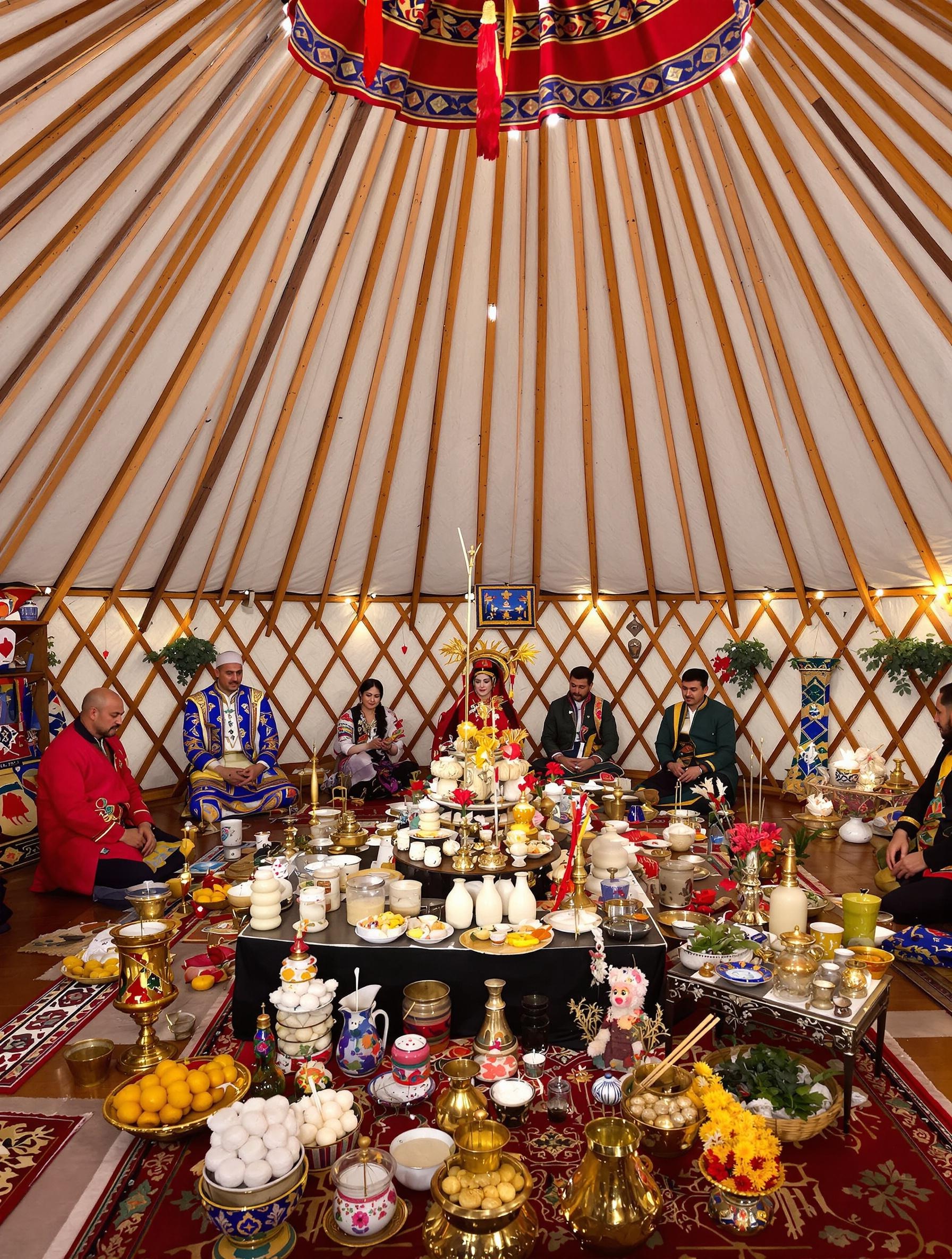 Intérieur d’une yourte mongole décorée pour Tsagaan Sar, avec un autel d’offrandes et une famille en cérémonie.