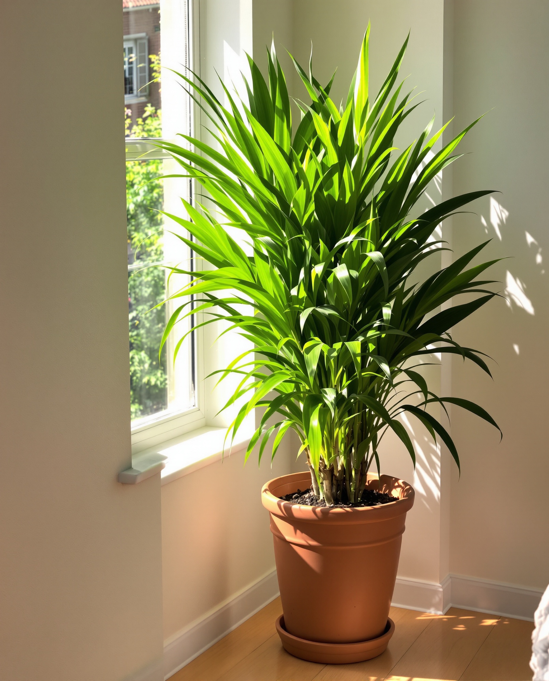Magnifique Yucca d'intérieur en pot de terre cuite, feuillage vigoureux près d'une fenêtre lumineuse