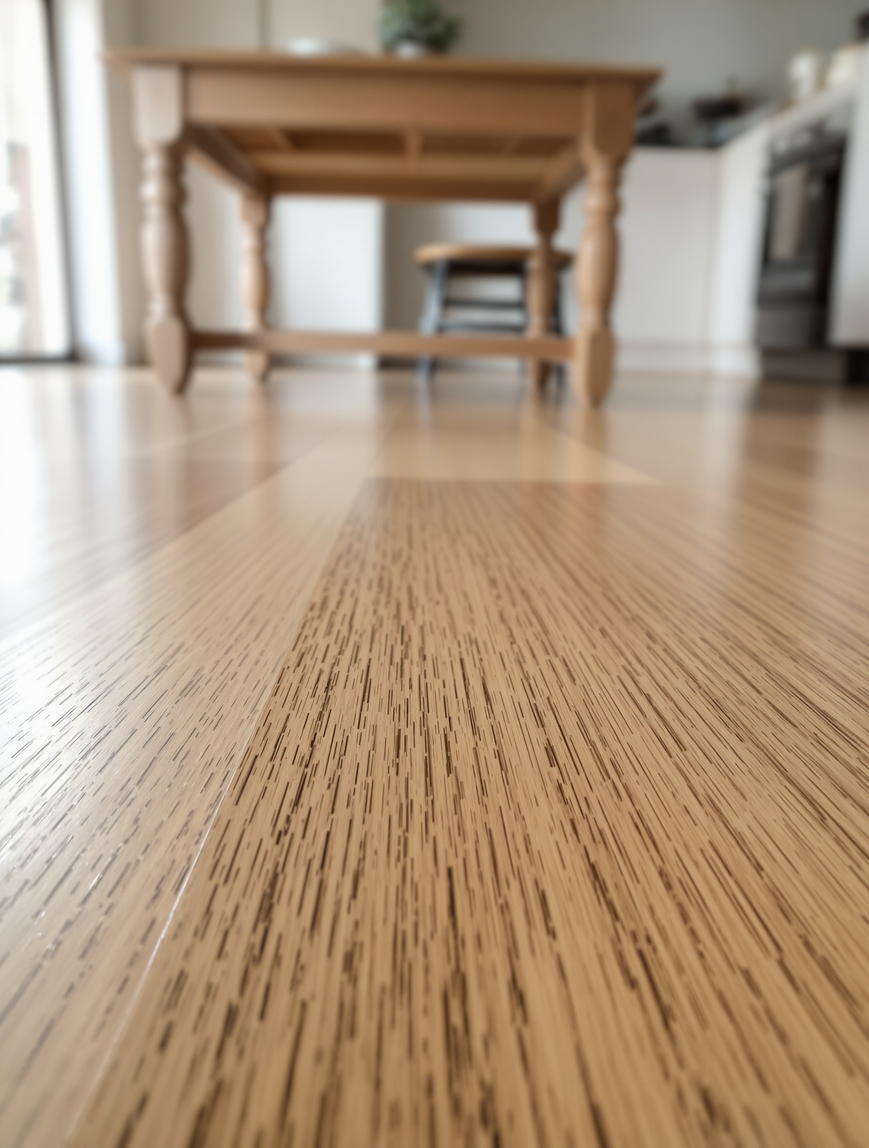 Zoom comparatif sur parquet huilé vs vitrifié dans une cuisine bretonne contemporaine