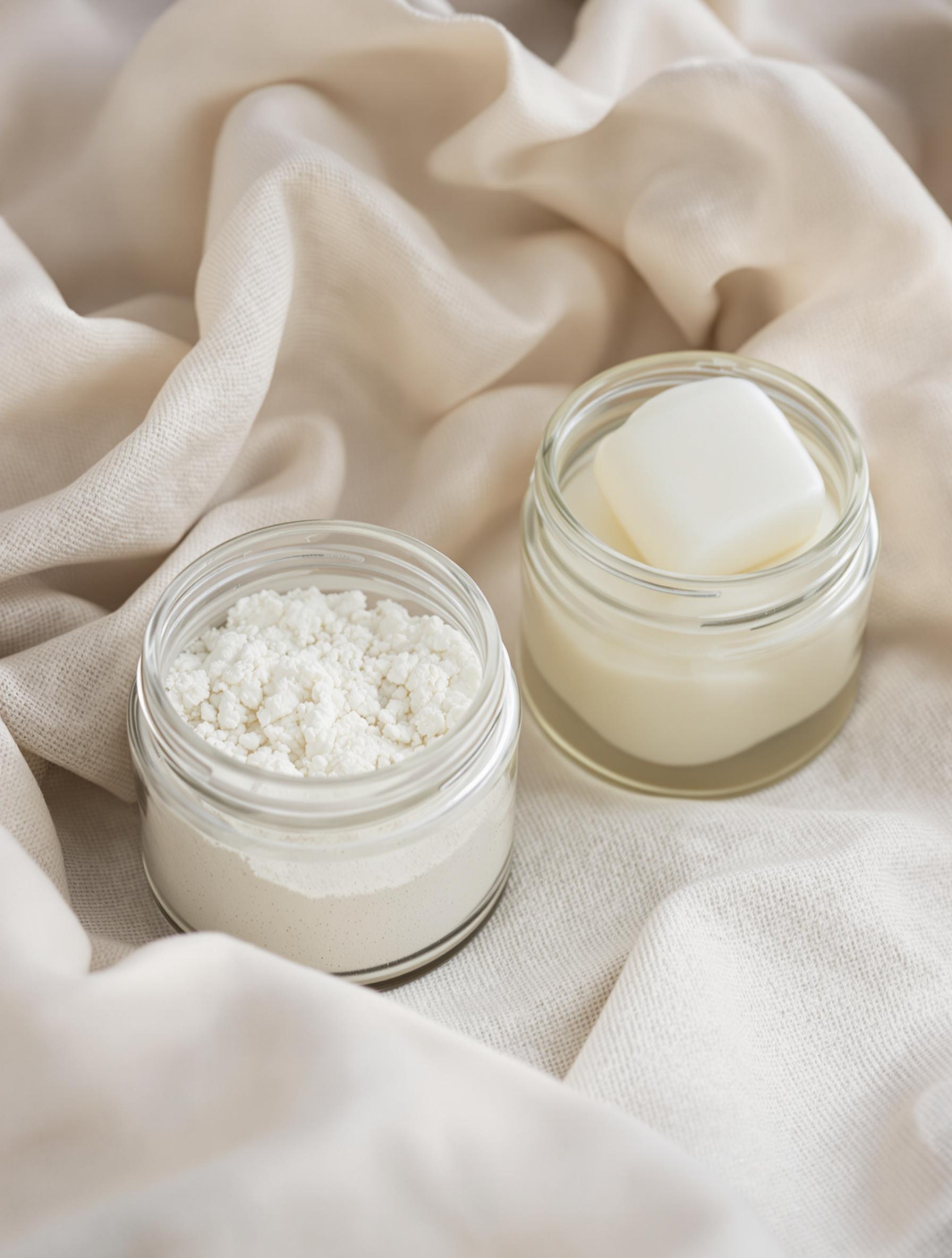 Pots contenant de l'argile blanche, de l'huile de coco et du lin breton